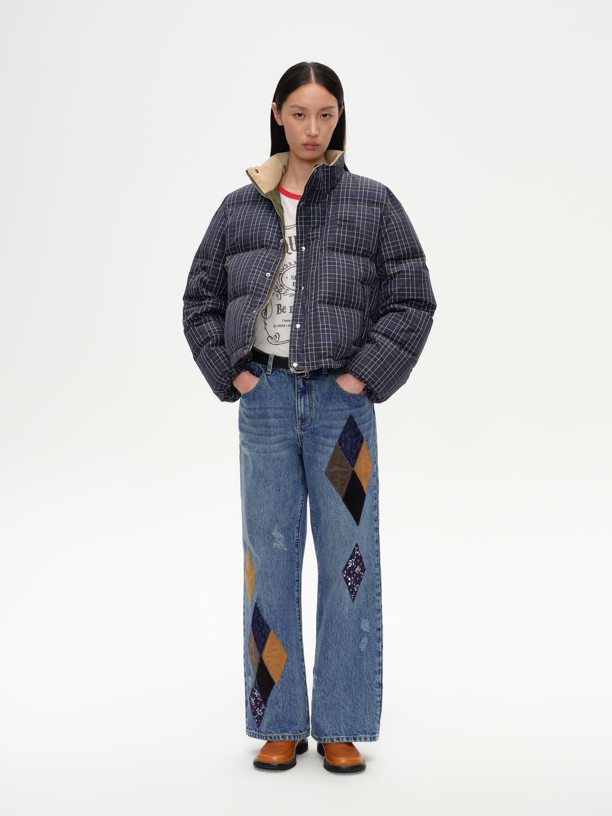 Check Stand-Collar Down Coat