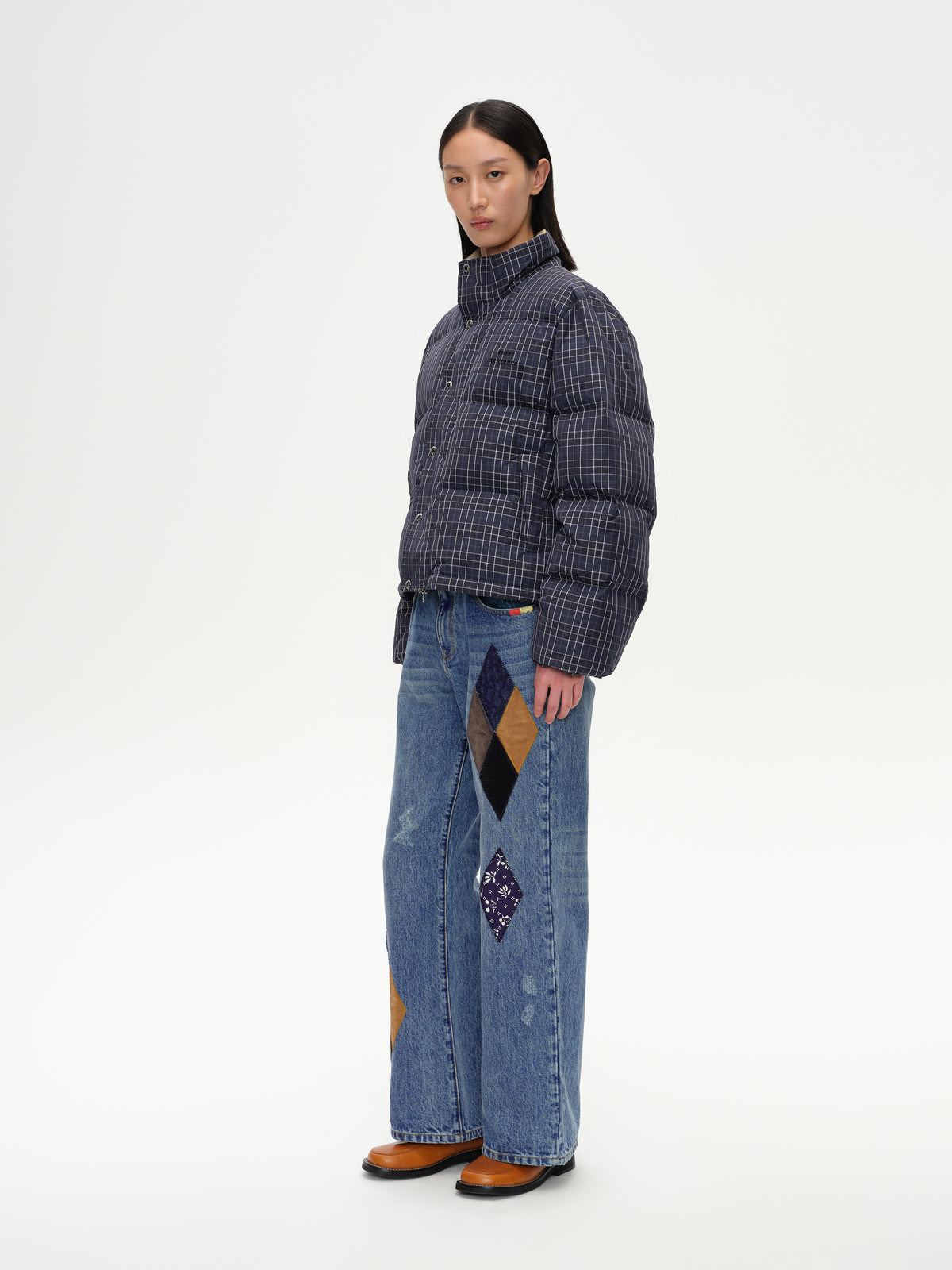 Check Stand-Collar Down Coat