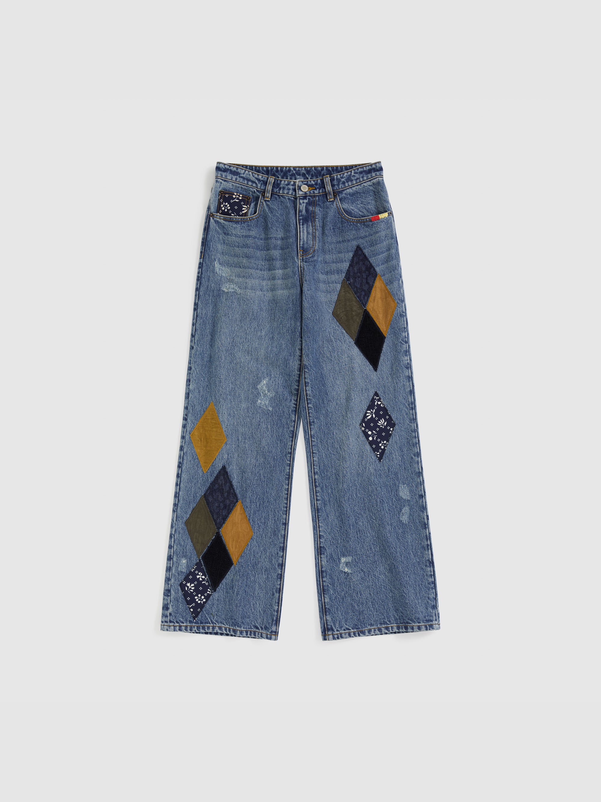 Diamond Patchwork Straight Leg Jeans