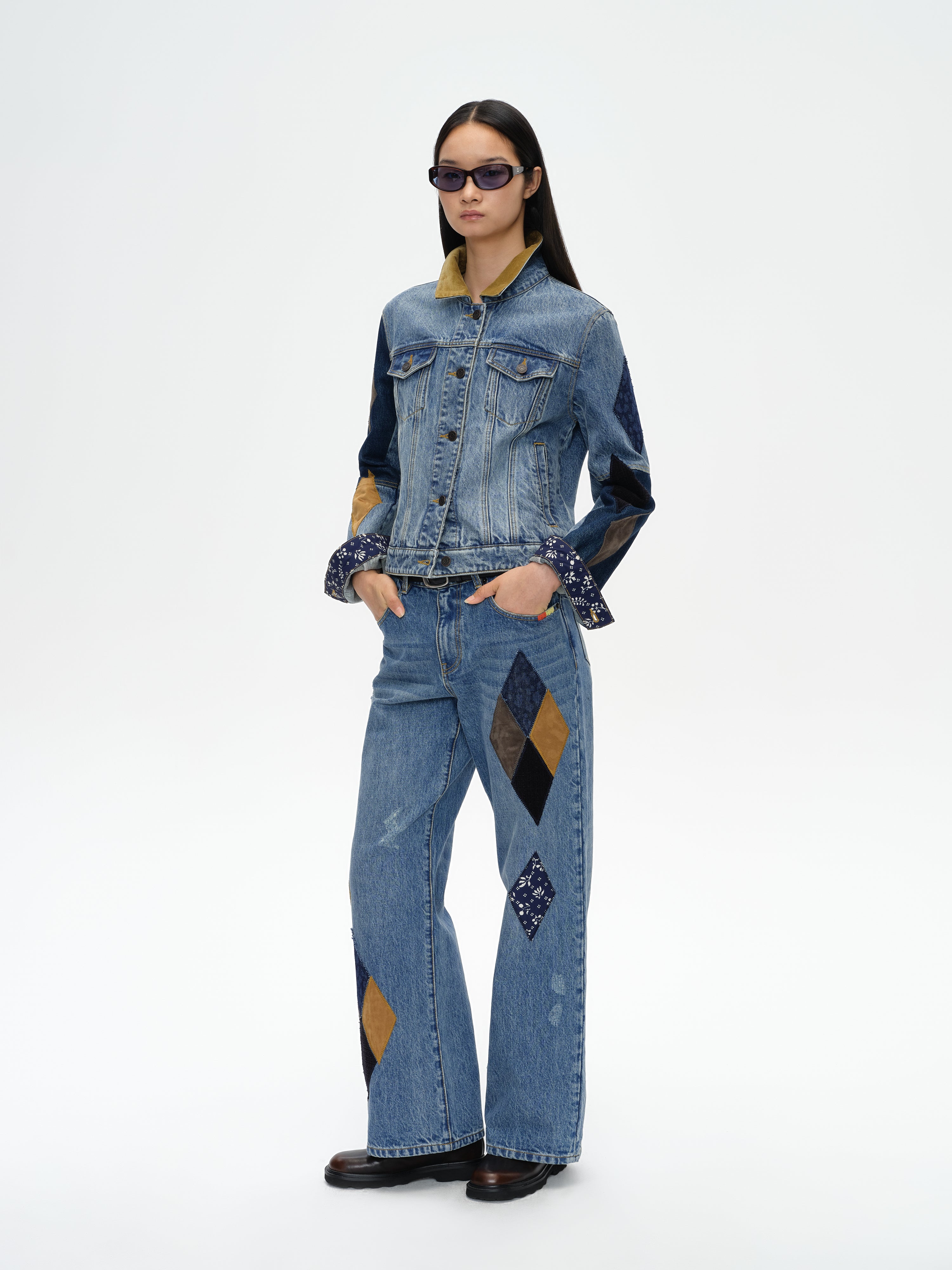 Diamond Patchwork Straight Leg Jeans