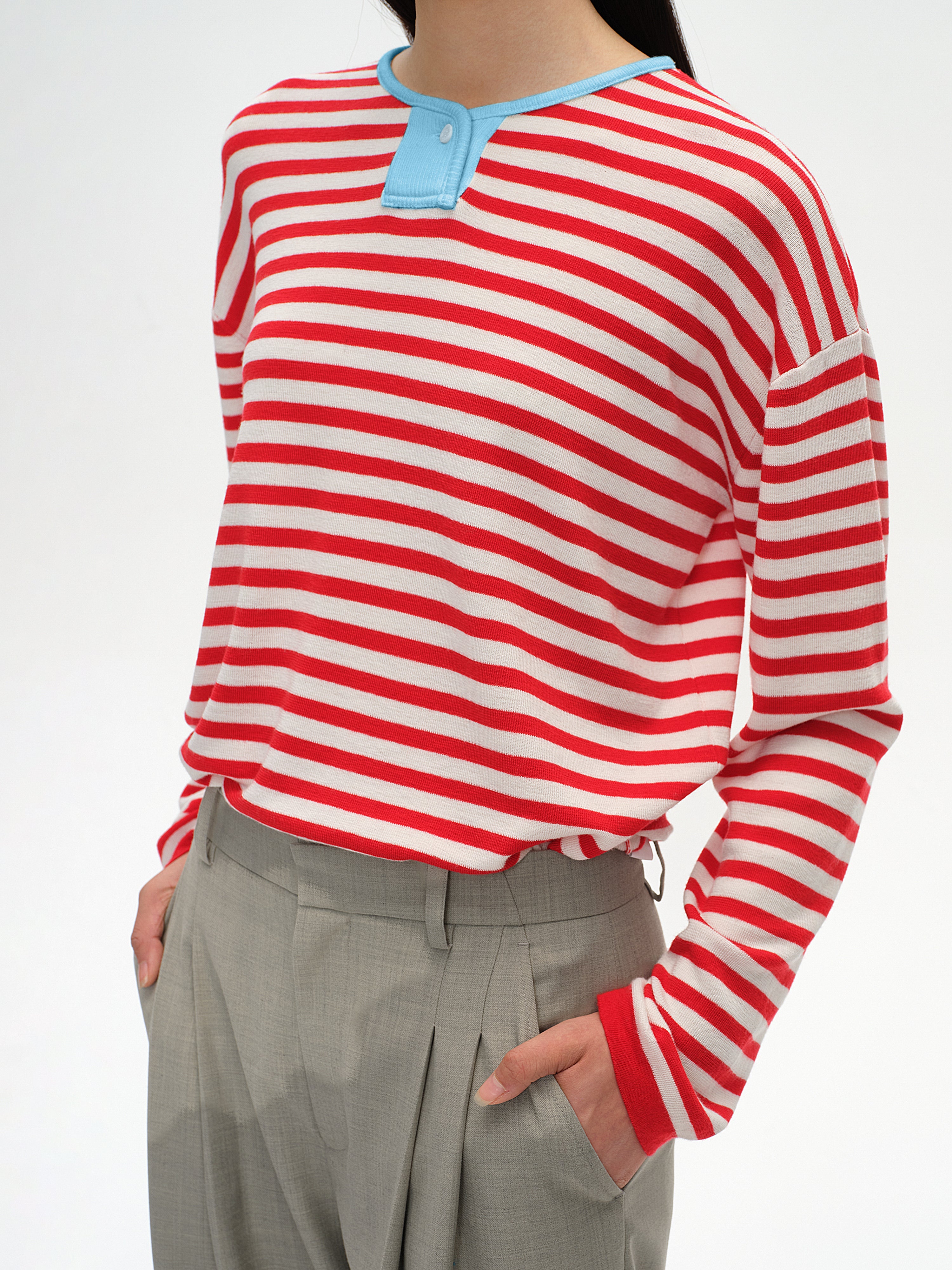 Contrast Stripe Stand Collar Top