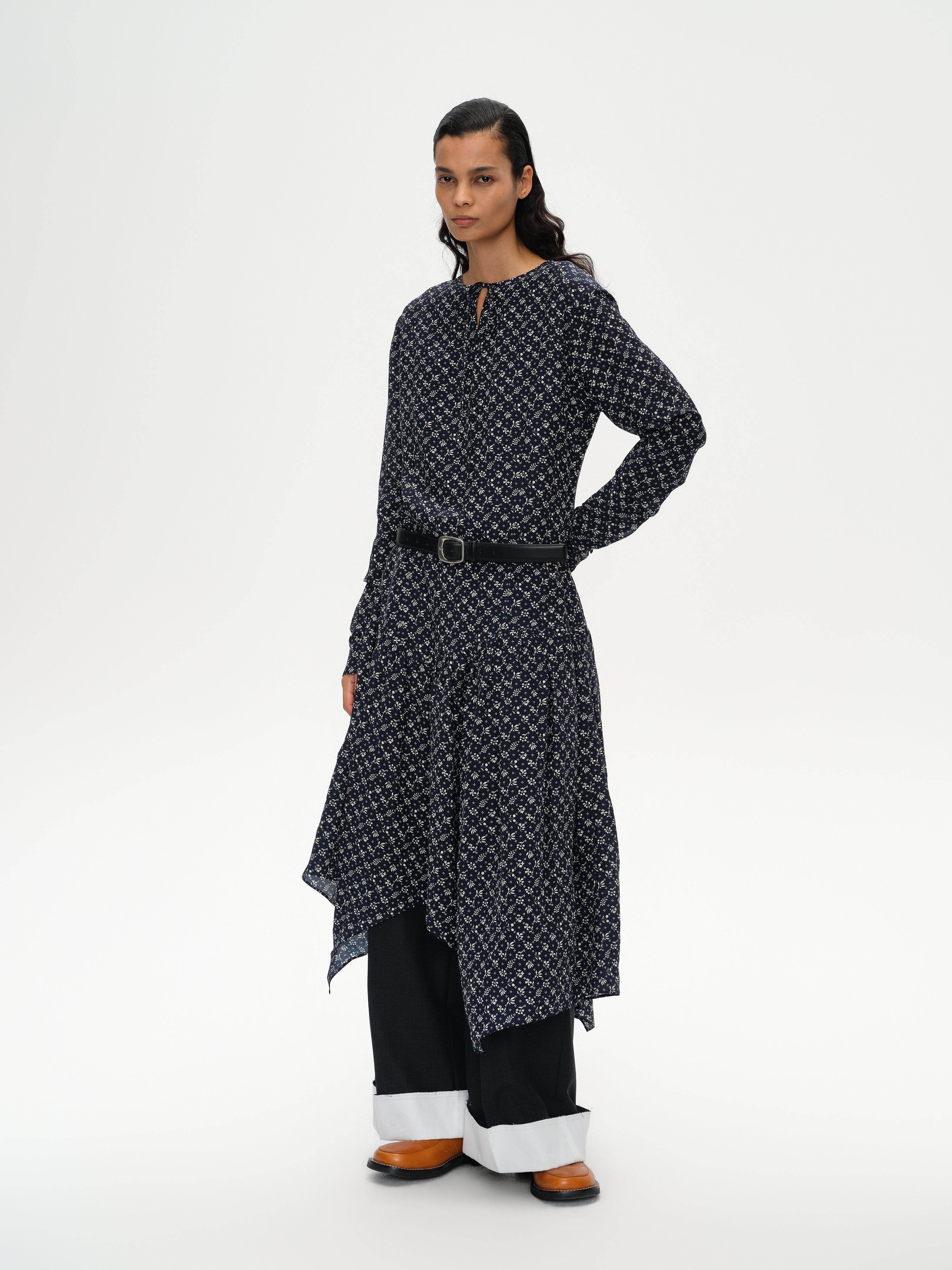 Daisy-Print Asymmetric Maxi Dress