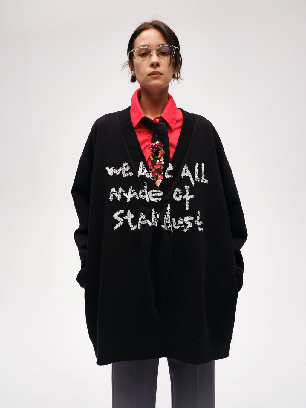 Oversized V-Neck Slogan Sweatshirt - 1