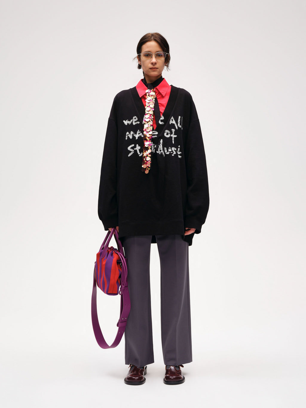 Oversized V-Neck Slogan Sweatshirt - 2