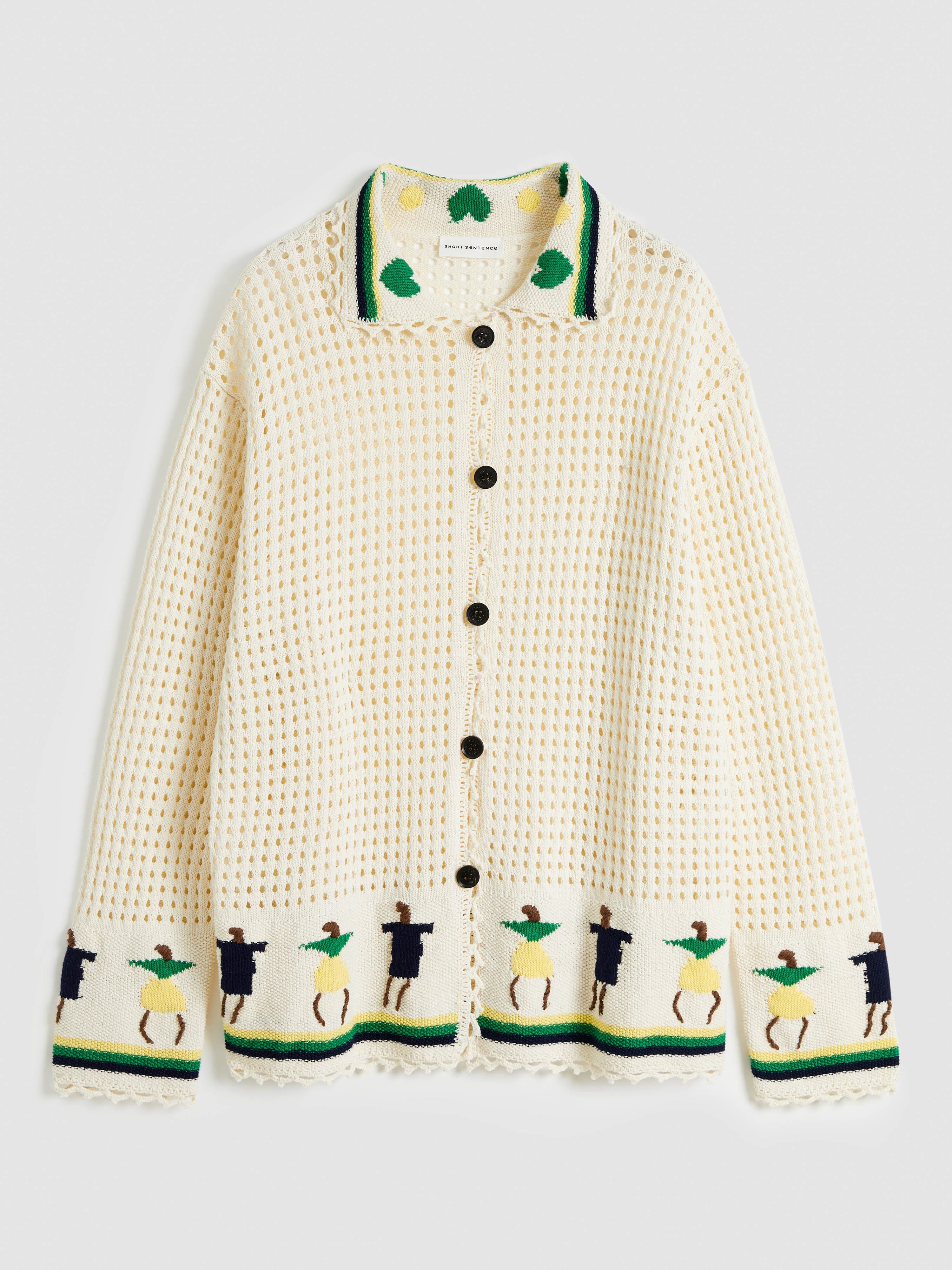 Jacquard Flap Cardigan with Stick Figures - 5