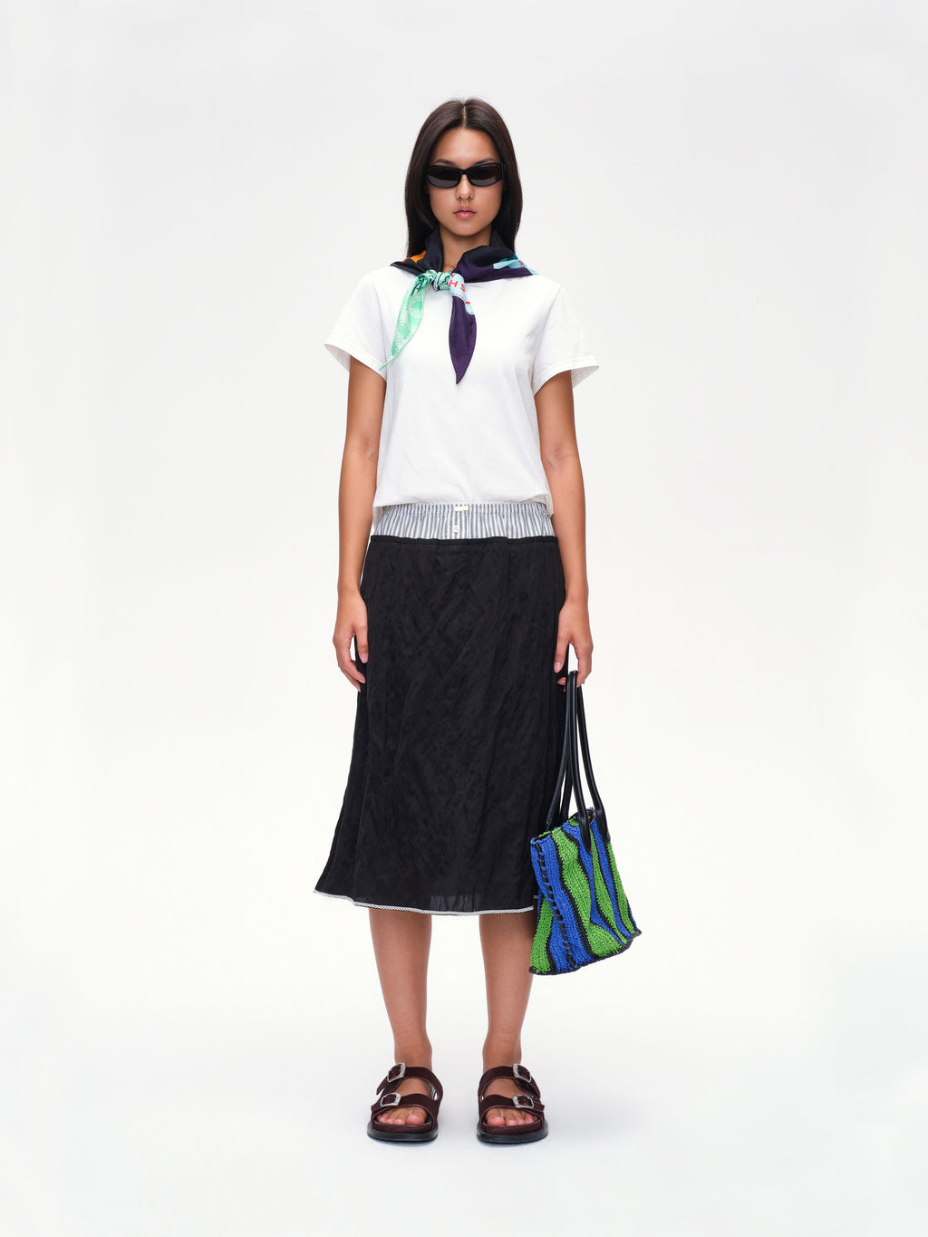 Printed Scarf Collar Fitted T-shirt - 2