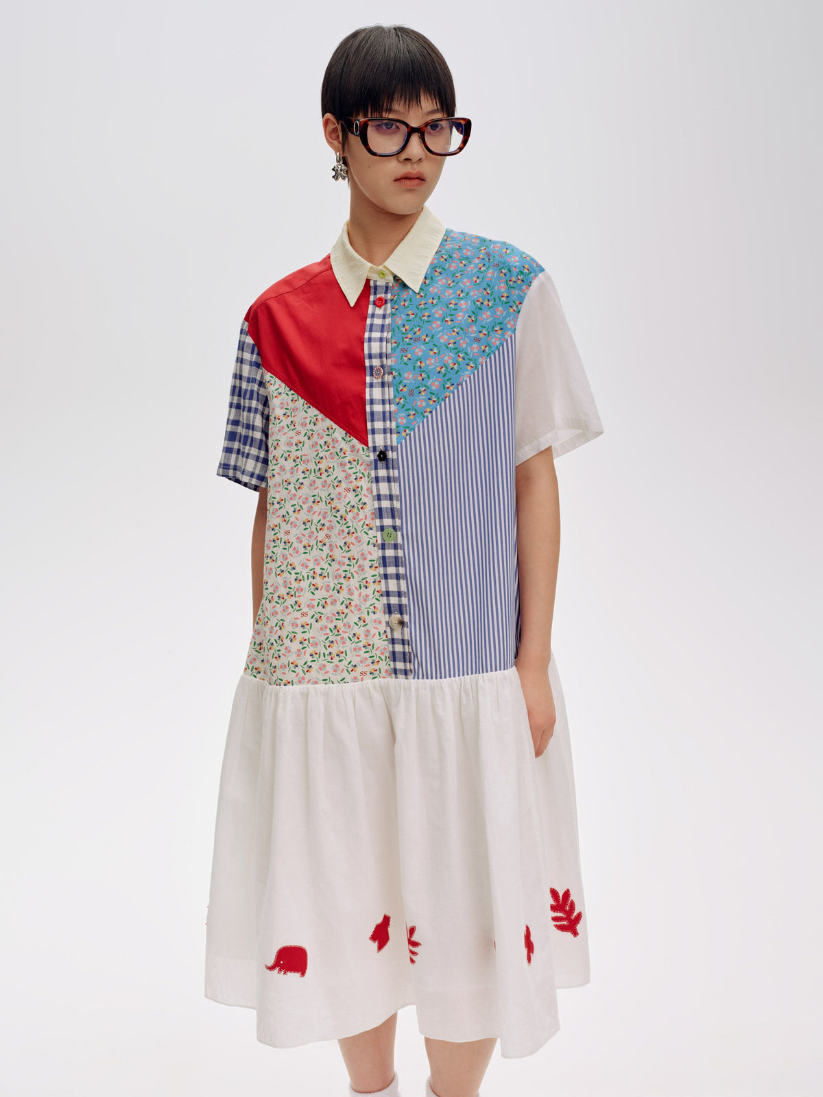 Multicolor Patchwork Shirt Dress - 1