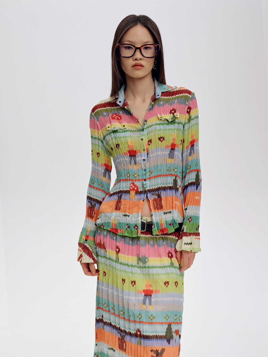 Pleated Chiffon Printed Blouse - 1