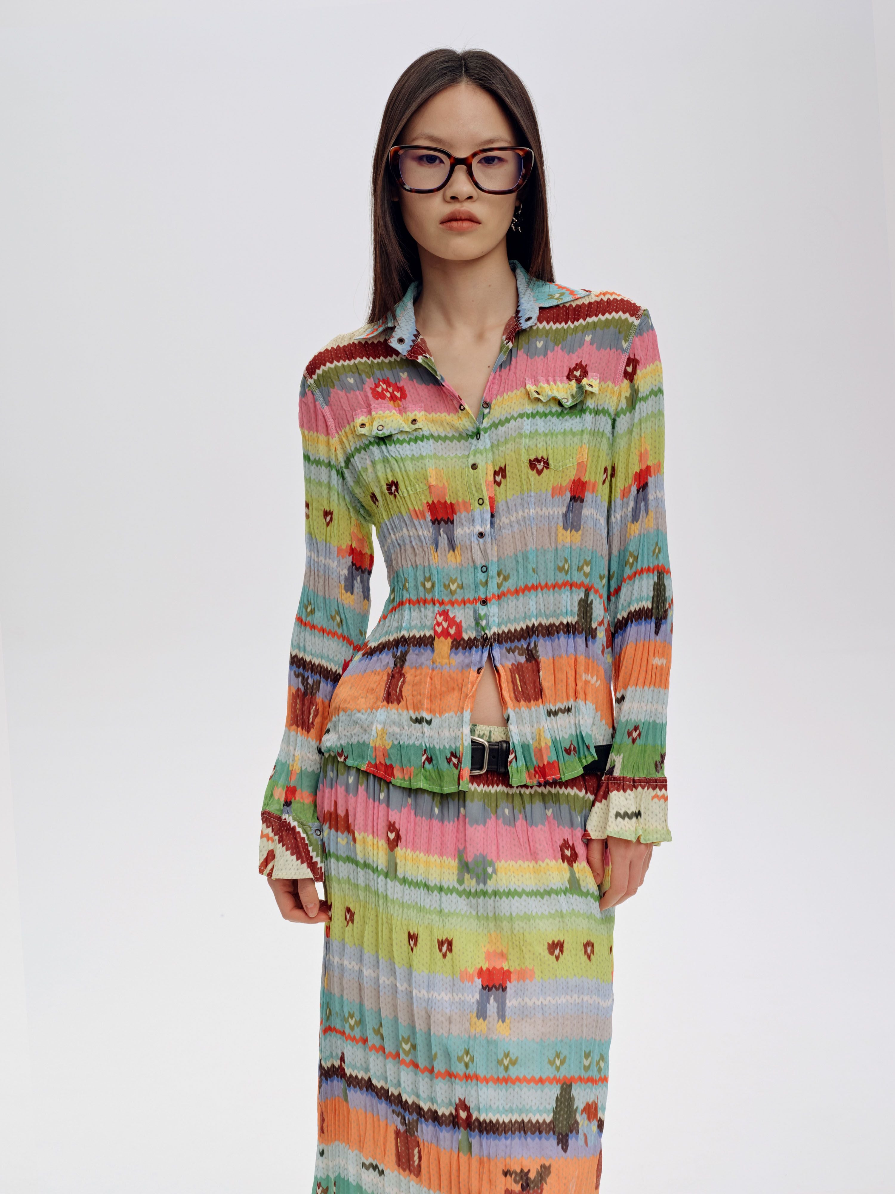 Pleated Chiffon Printed Blouse - 1