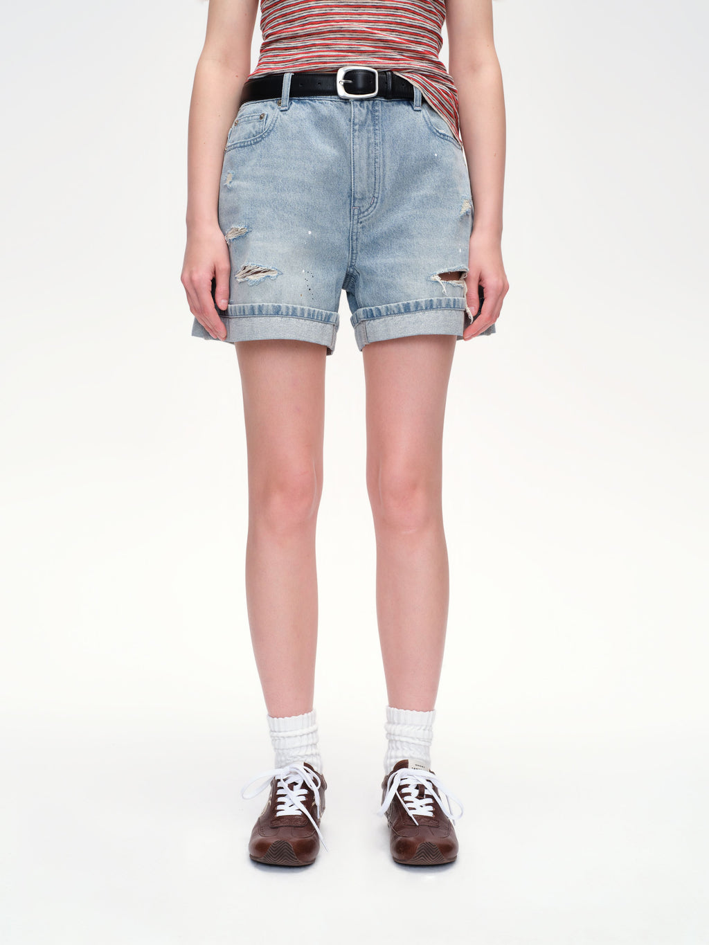 Wide-Leg Ripped Paint Splatter Denim Shorts - 1
