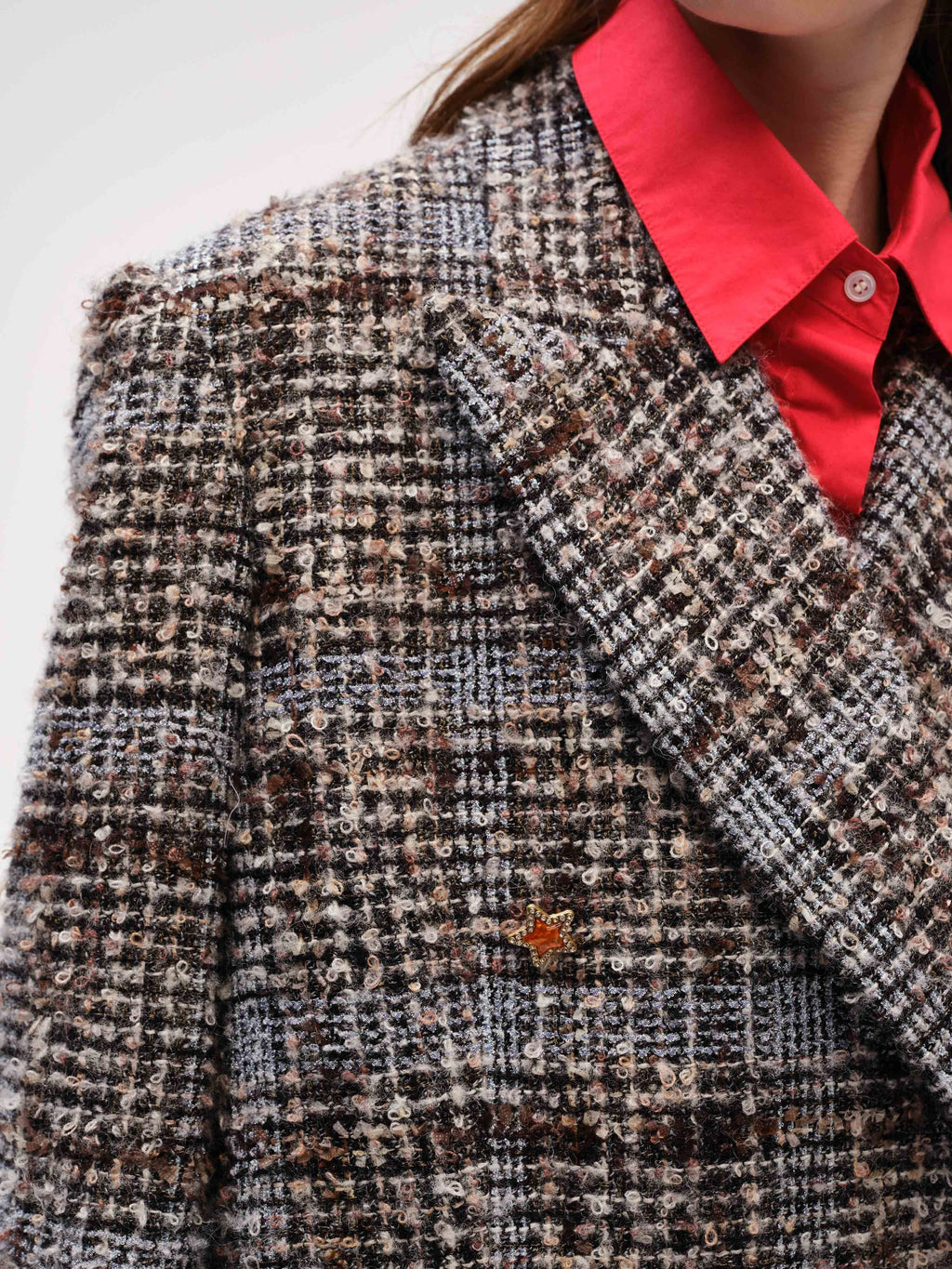 Star Button Check Frayed Long  Coat - 4