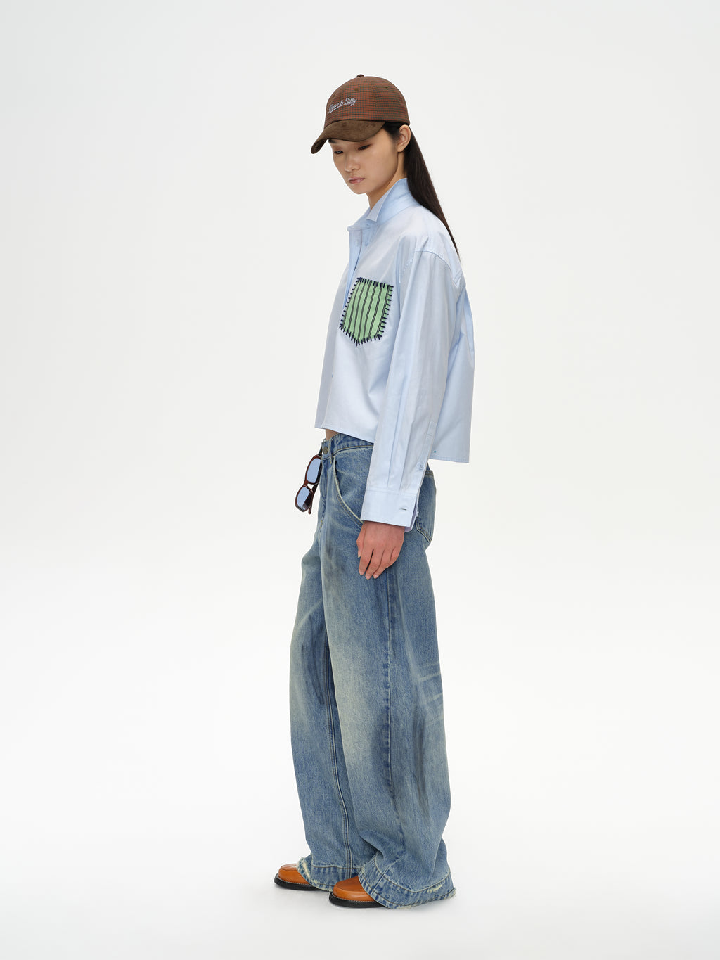 コントラストストライプパッチポケットクロップドシャツ