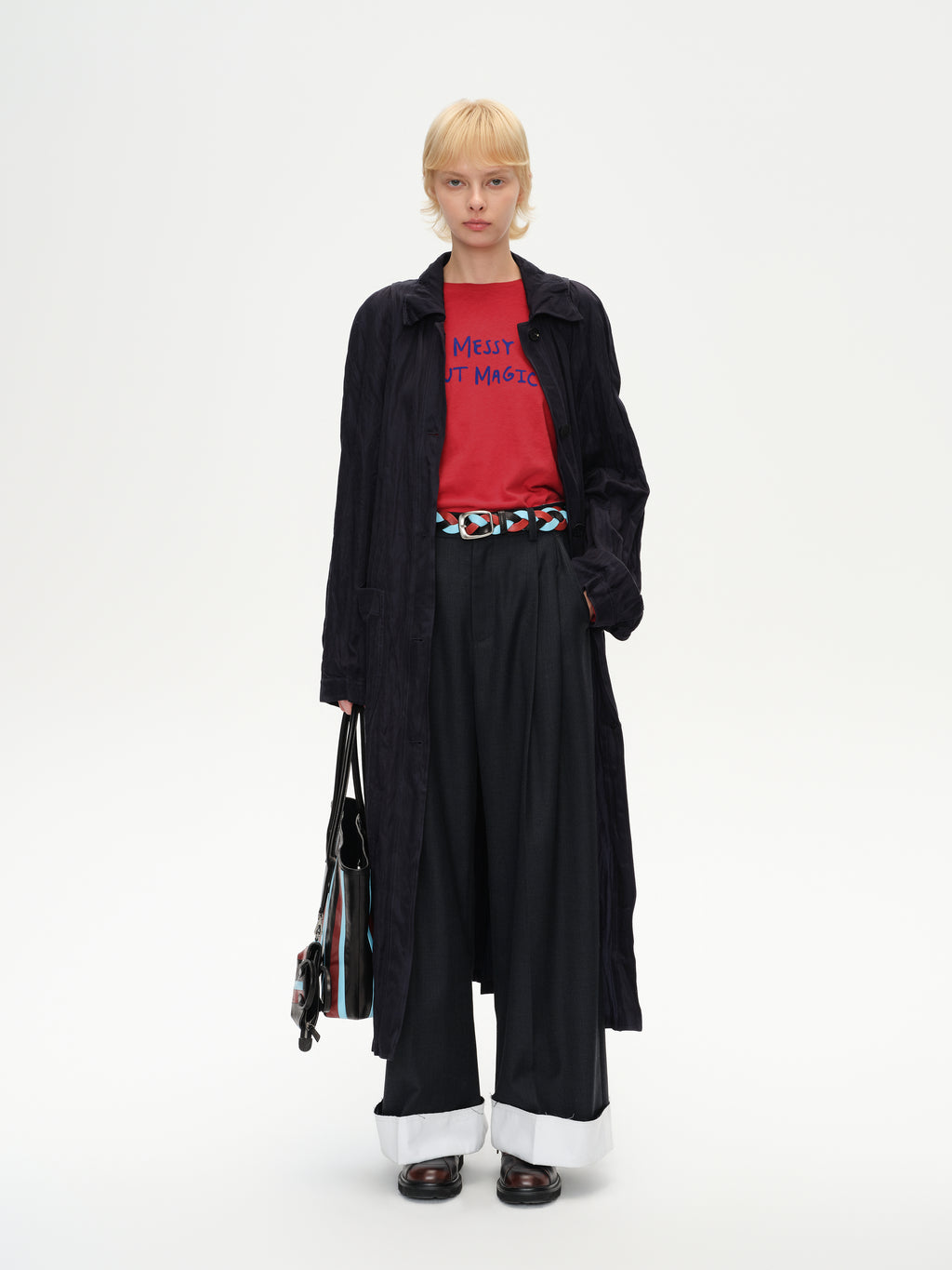 Crinkled Collar Long Trench Coat