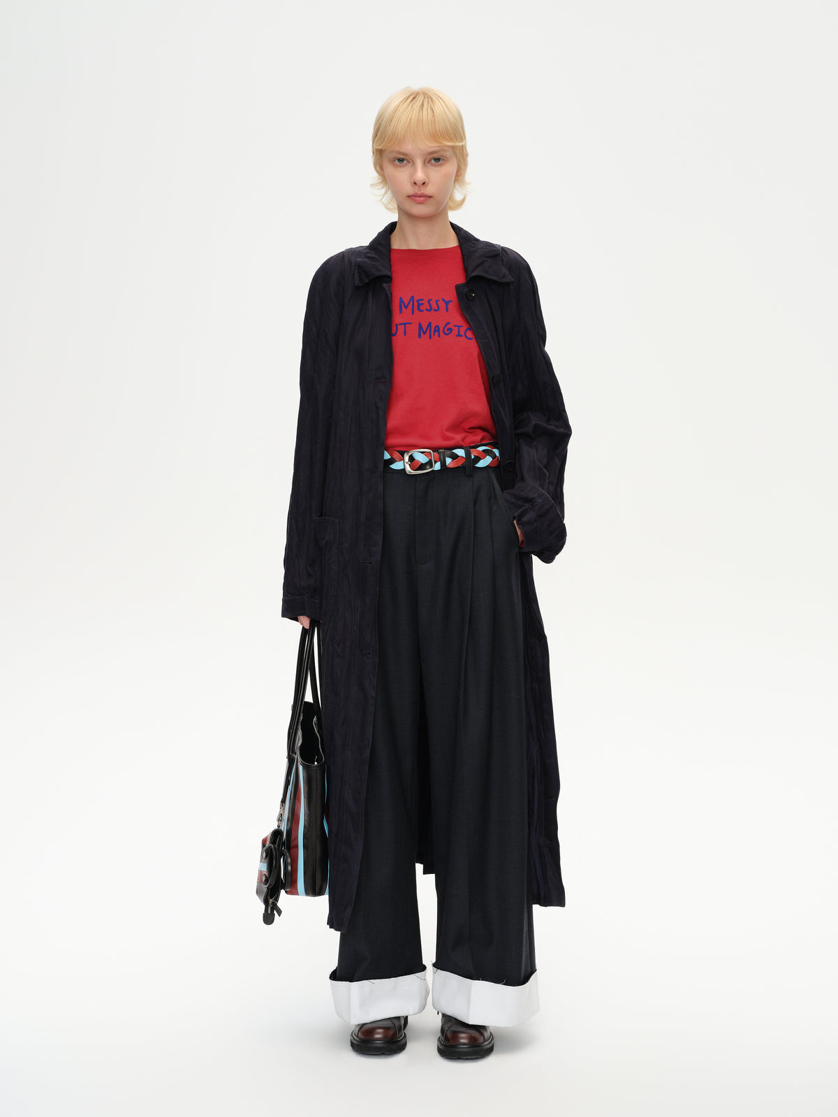 Crinkled Collar Long Trench Coat
