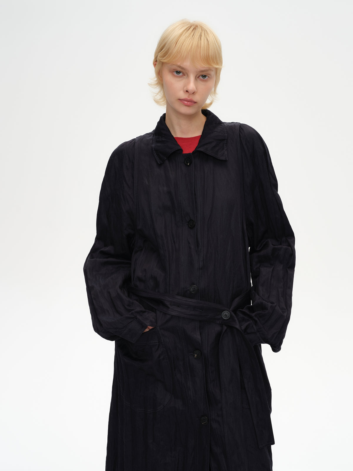 Crinkled Collar Long Trench Coat