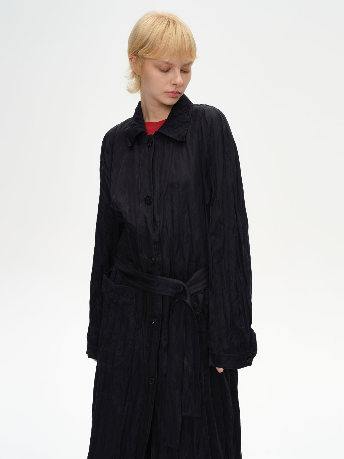 Crinkled Collar Long Trench Coat
