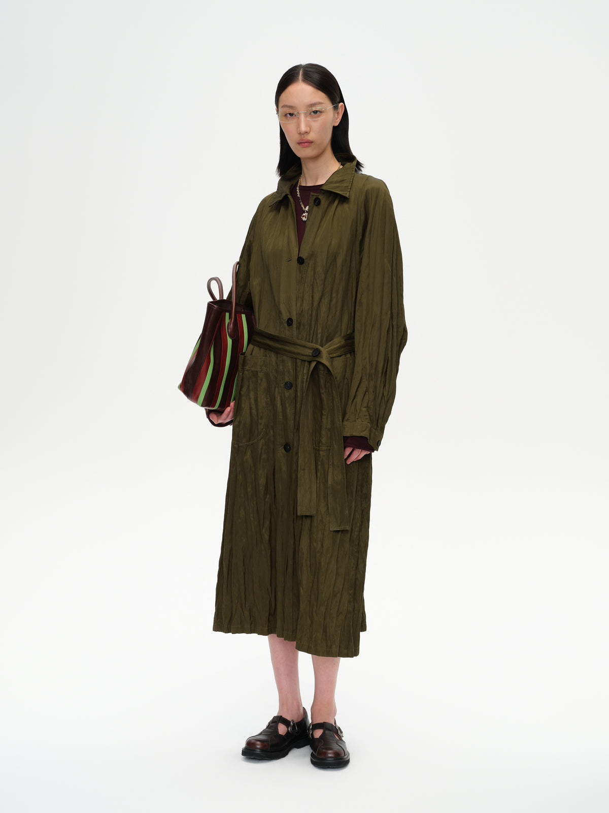 Crinkled Collar Long Trench Coat