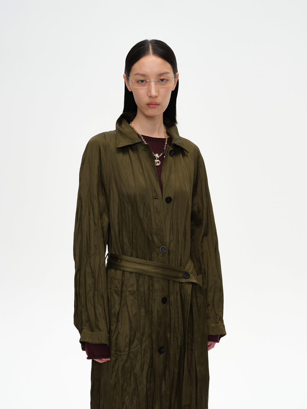Crinkled Collar Long Trench Coat