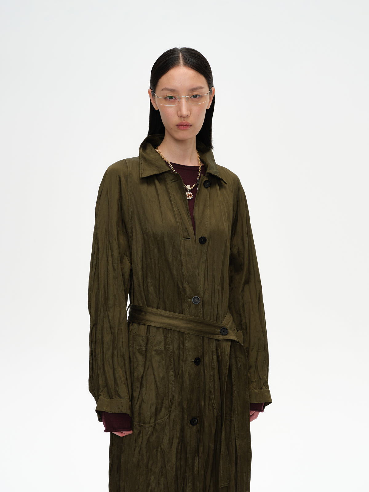Crinkled Collar Long Trench Coat
