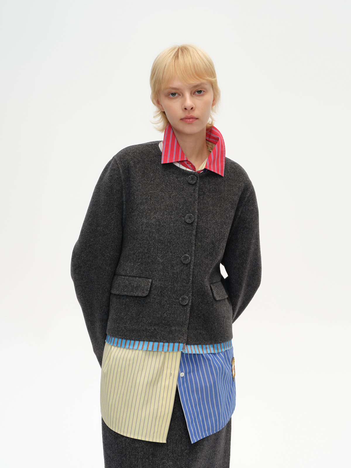 Single-Breasted Patchwork Wool Coat