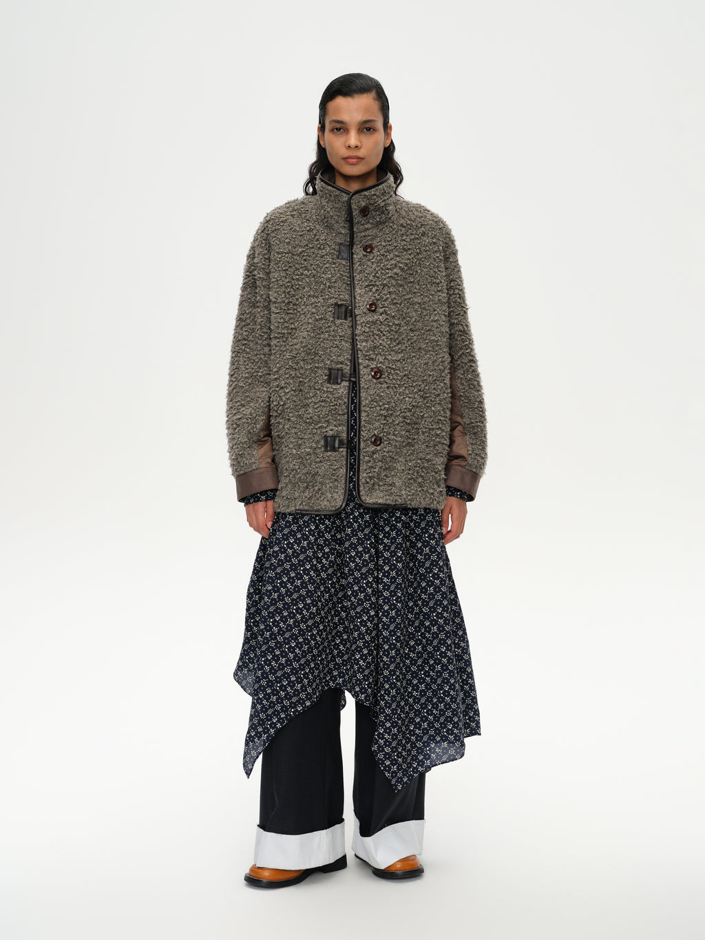 Stand Collar Color Block Fleece Coat