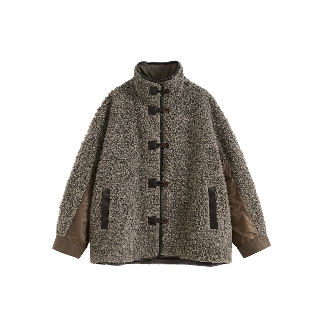 Stand Collar Color Block Fleece Coat