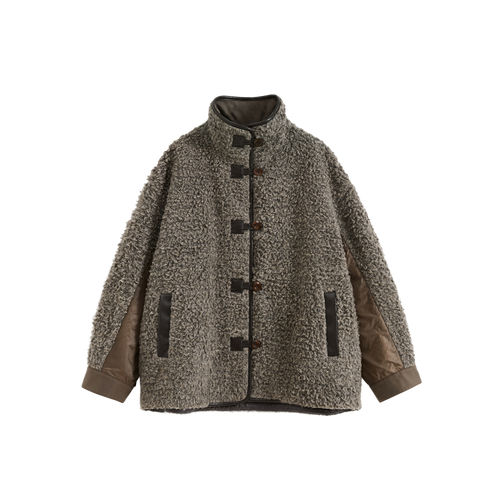 Stand Collar Color Block Fleece Coat