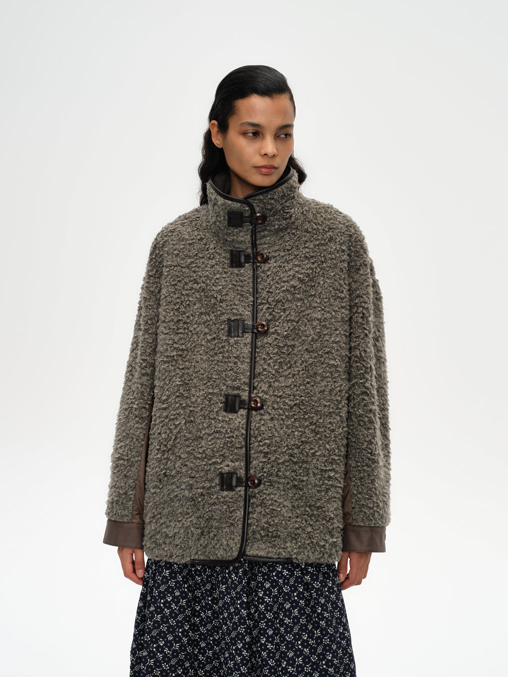 Stand Collar Color Block Fleece Coat