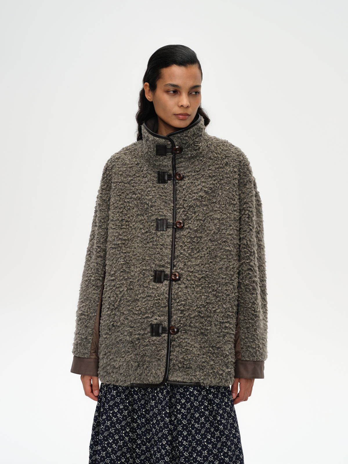 Stand Collar Color Block Fleece Coat