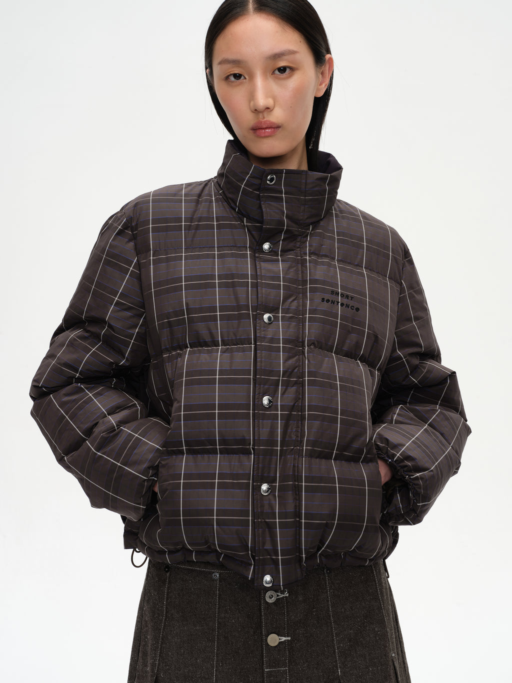 Check Stand-Collar Down Coat
