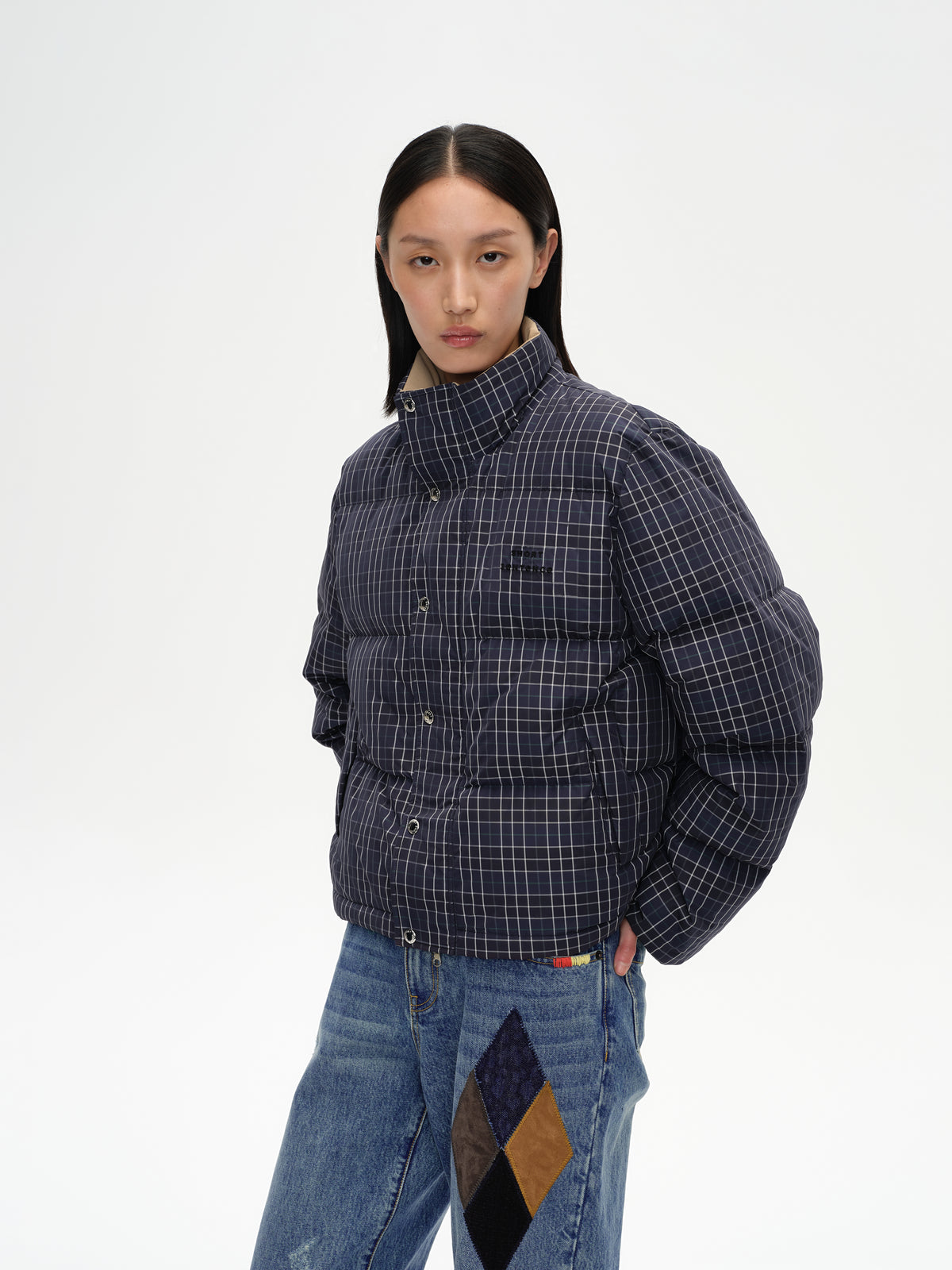 Check Stand-Collar Down Coat