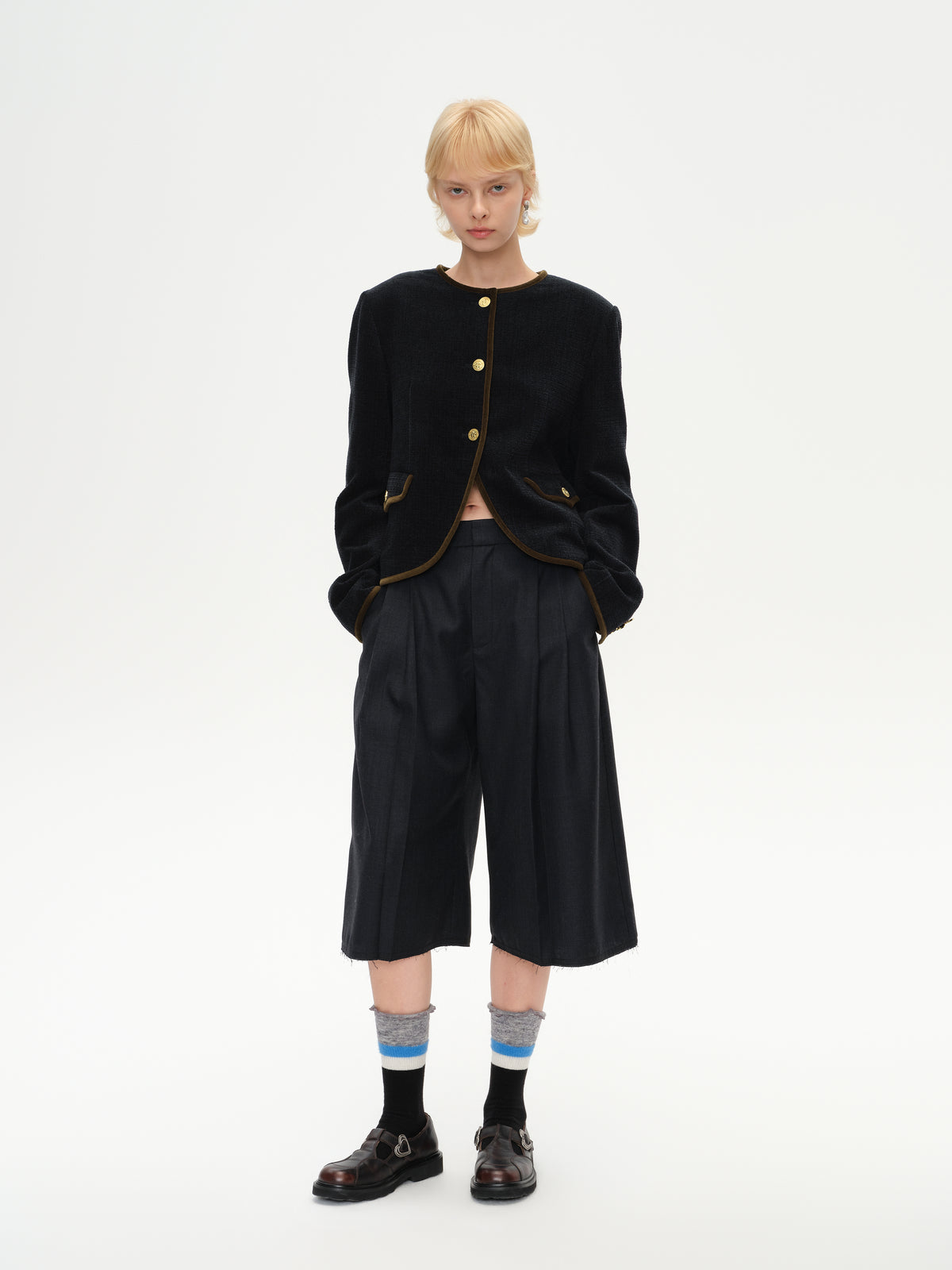 Color-Block Trim Fitted Crew Jacket