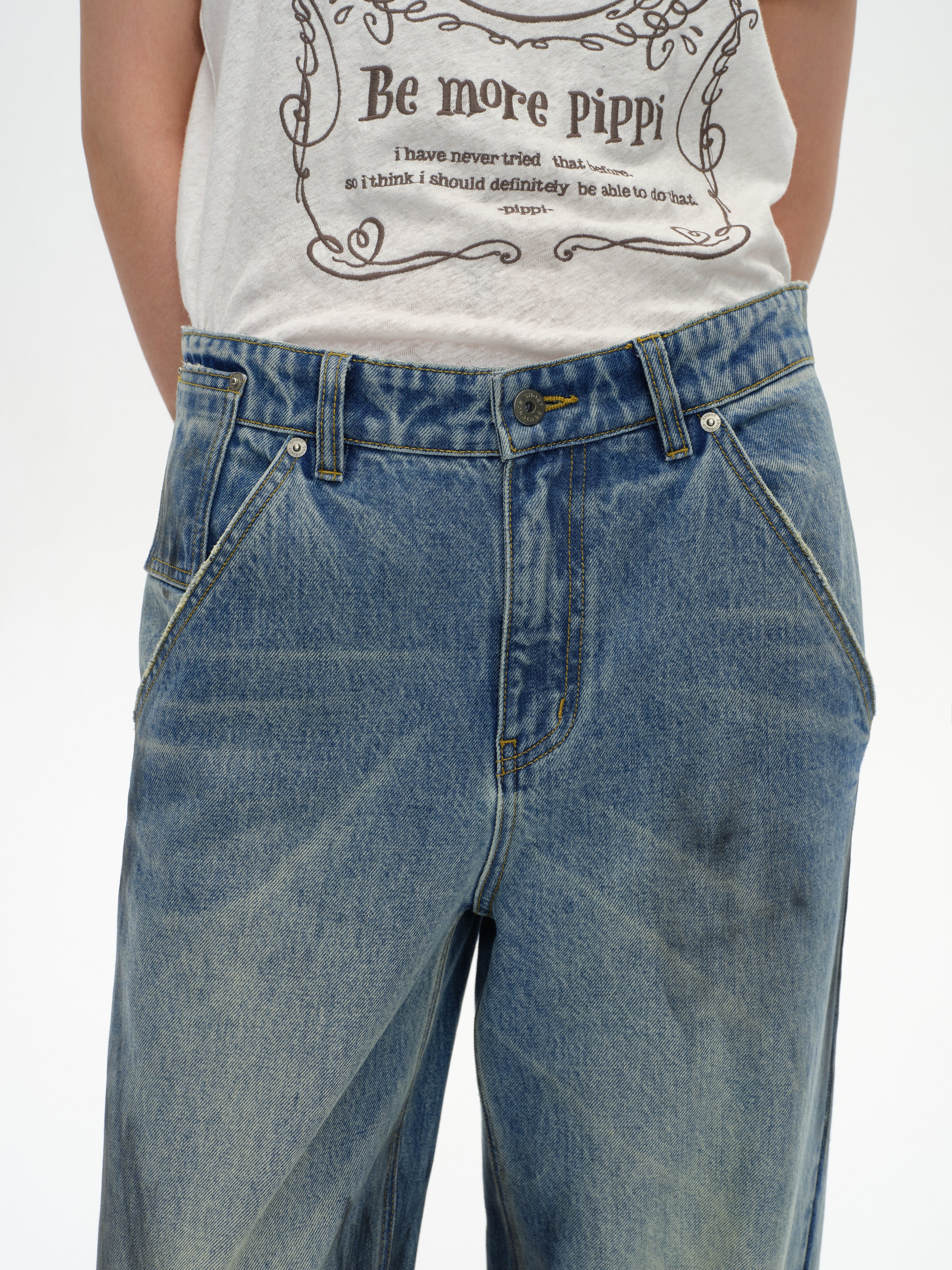 Blue Vintage Washed Denim Pants
