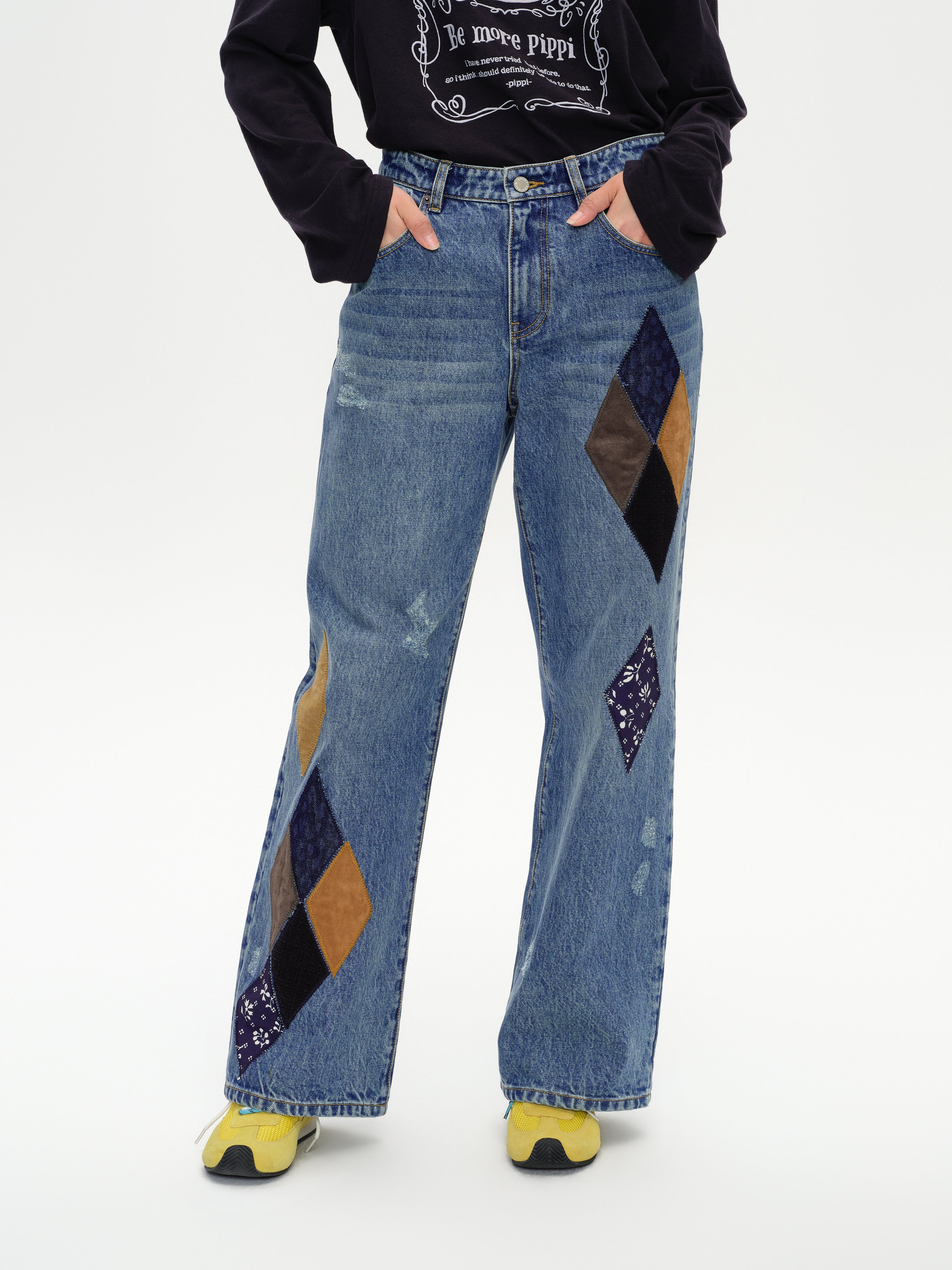 Diamond Patchwork Straight Leg Jeans