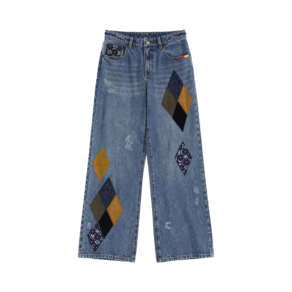 Diamond Patchwork Straight Leg Jeans