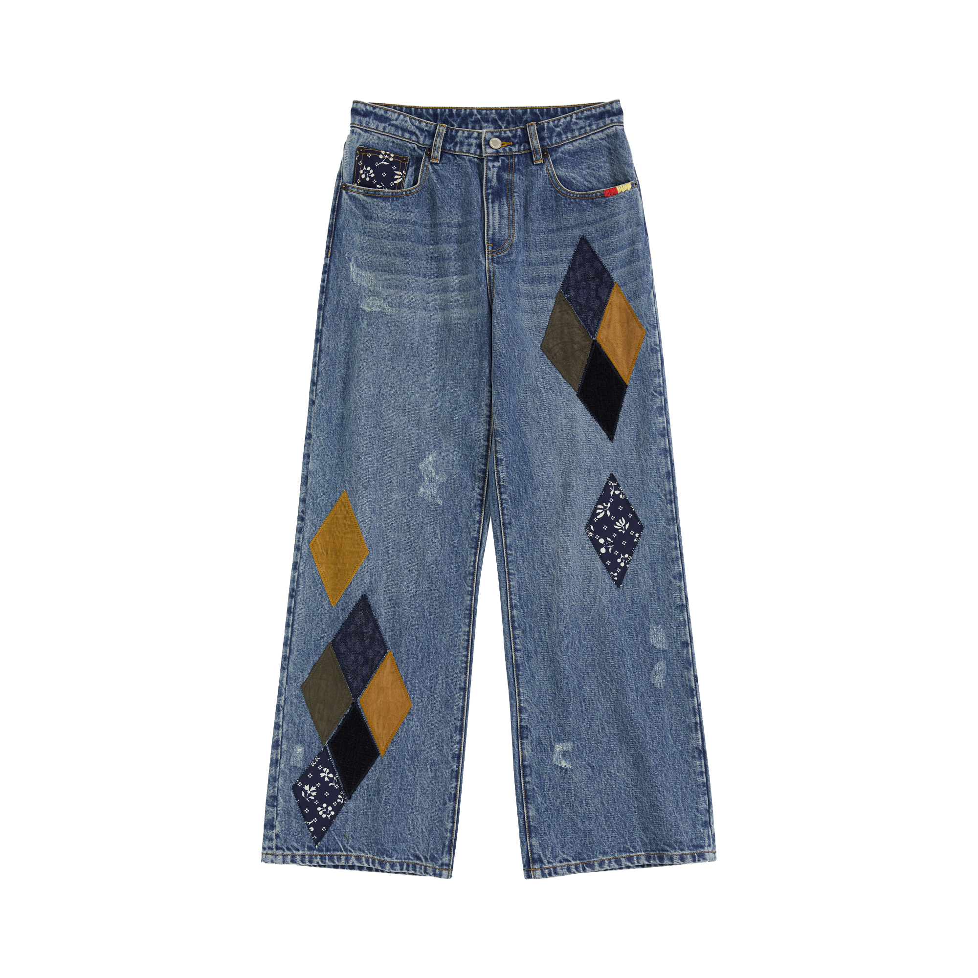 Diamond Patchwork Straight Leg Jeans