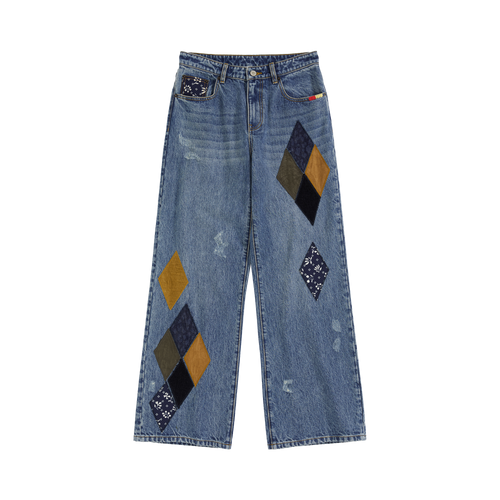 Diamond Patchwork Straight Leg Jeans