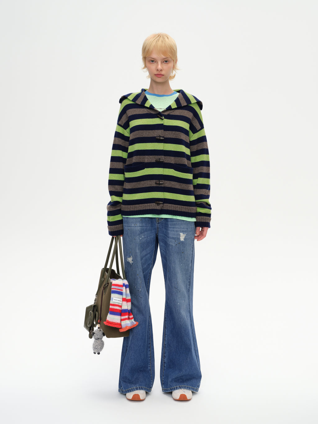 Color-Block Striped Lapel Cardigan