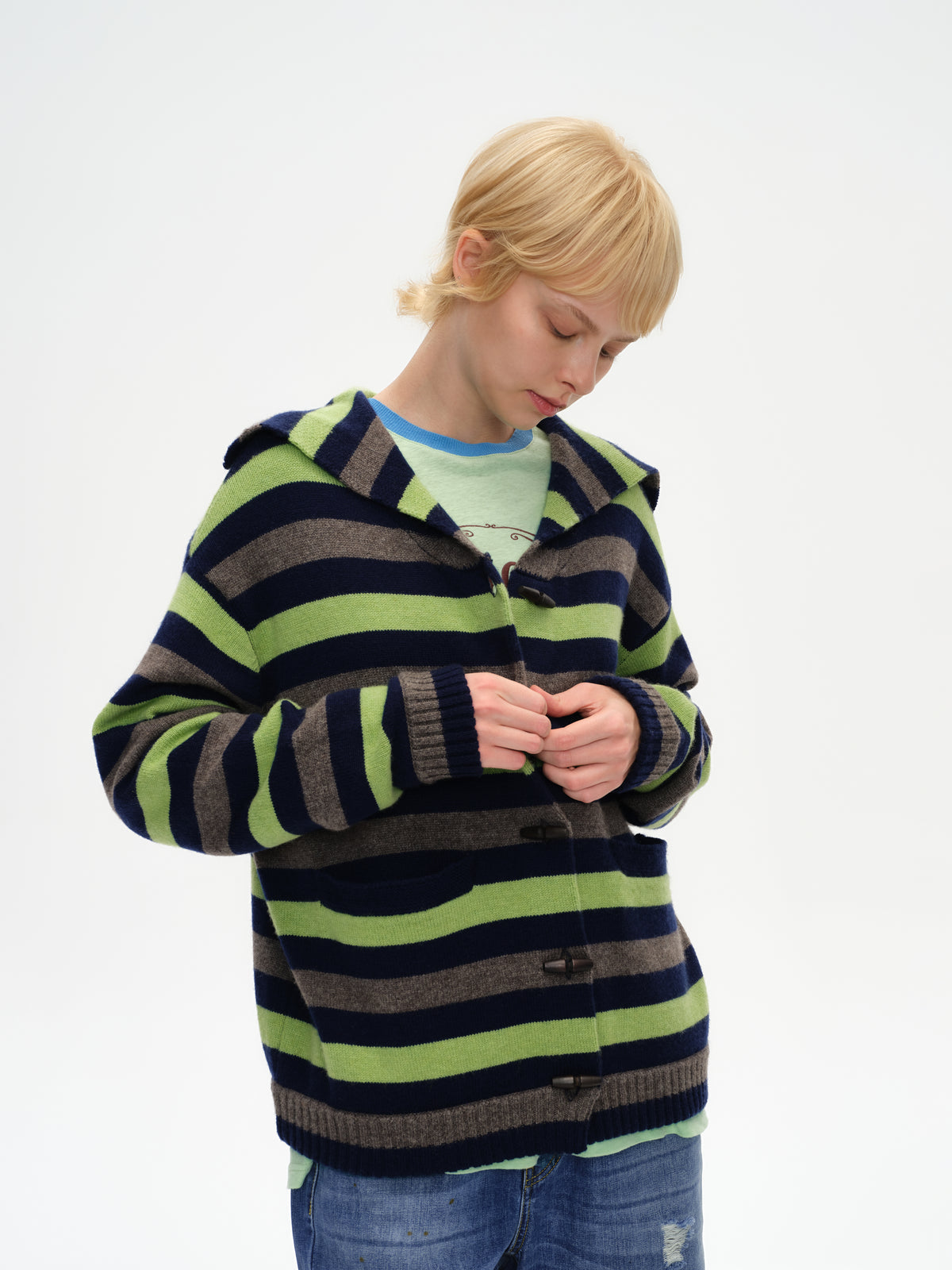 Color-Block Striped Lapel Cardigan