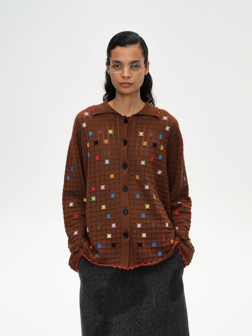 Hollow Out Cross‑Stitch V‑Neck Cardigan