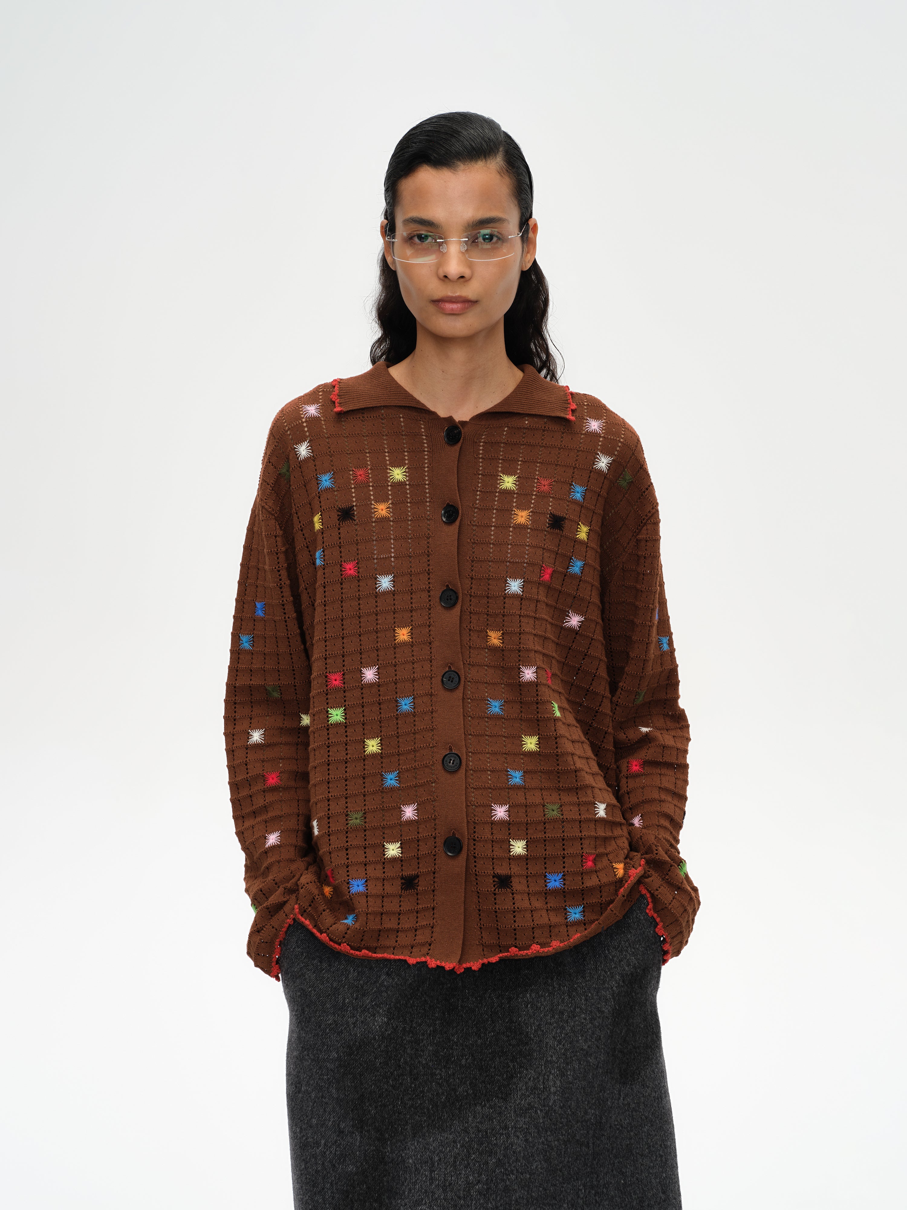 Hollow Out Cross‑Stitch V‑Neck Cardigan
