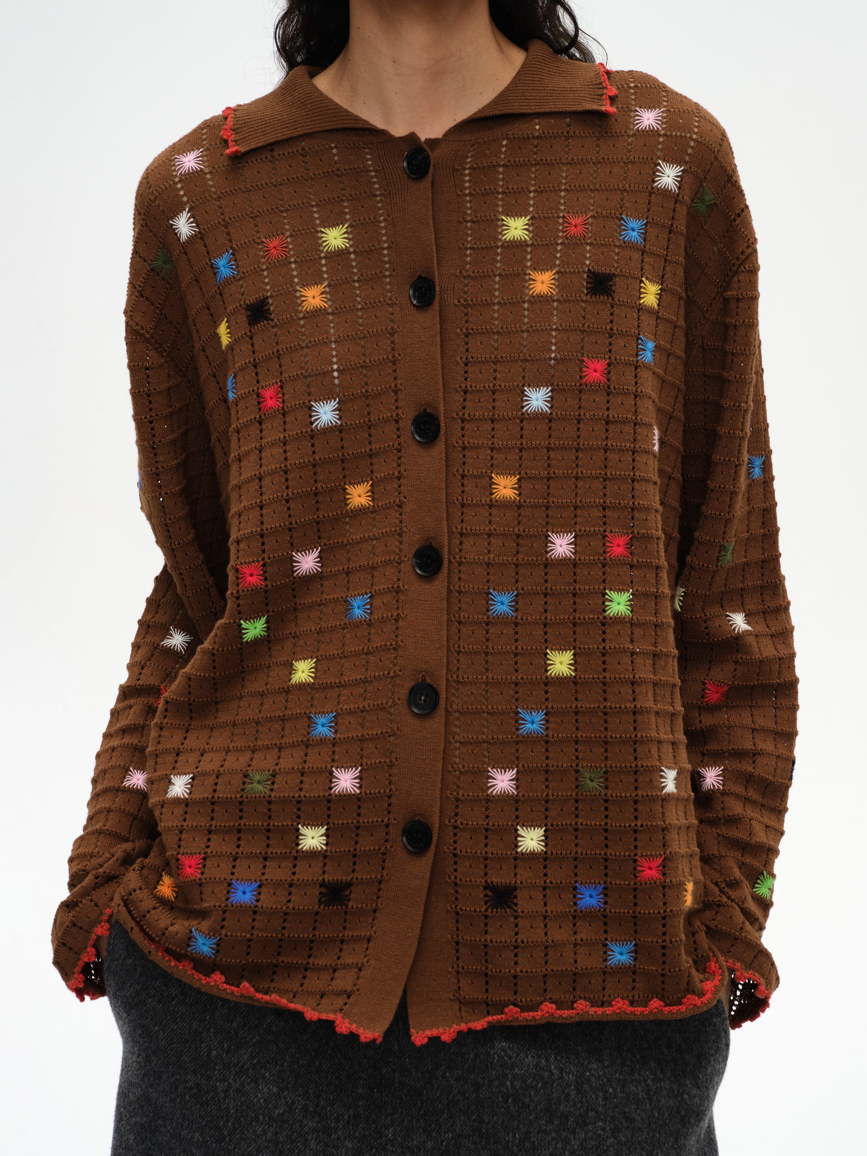 Hollow Out Cross‑Stitch V‑Neck Cardigan