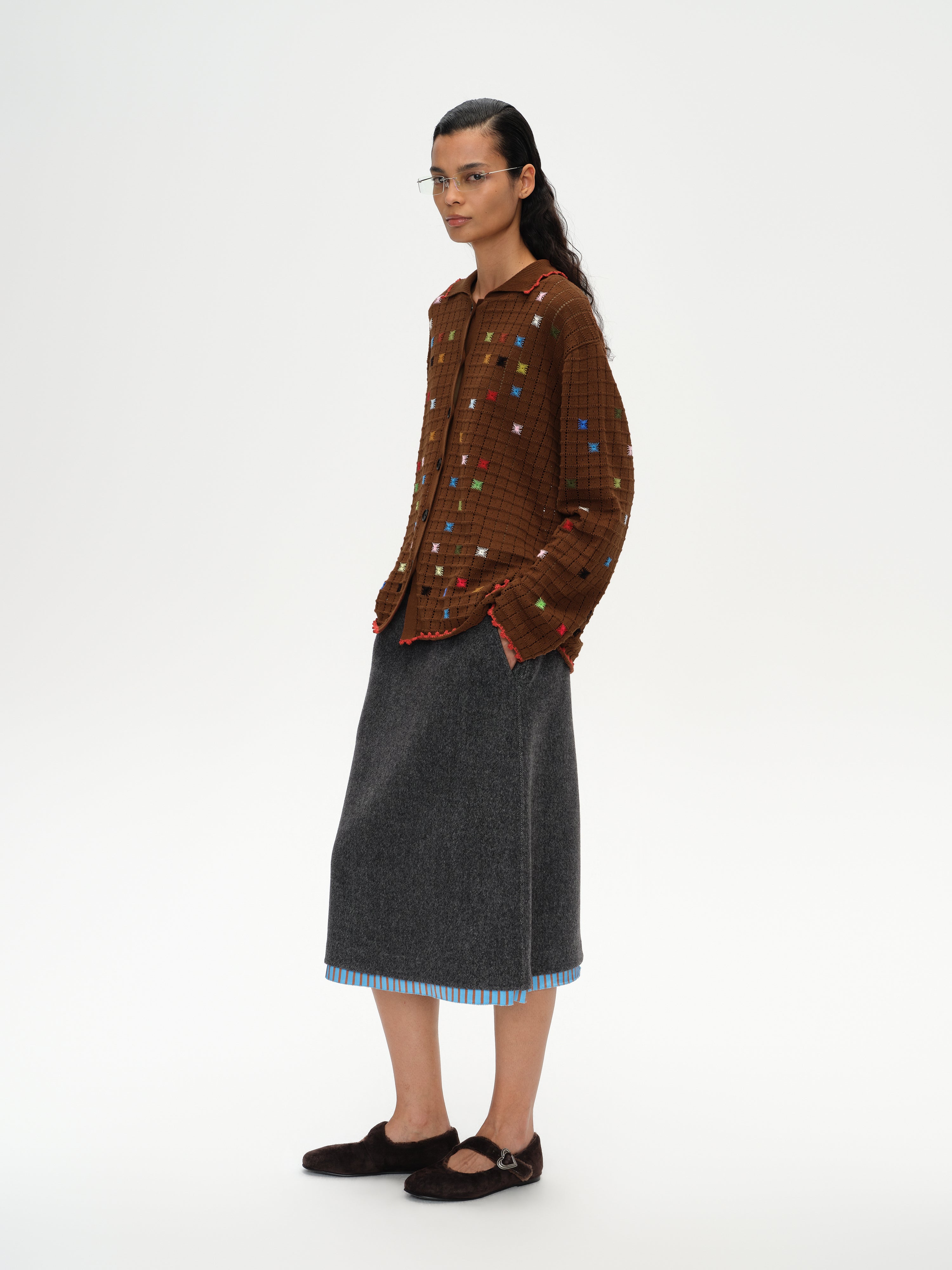Hollow Out Cross‑Stitch V‑Neck Cardigan