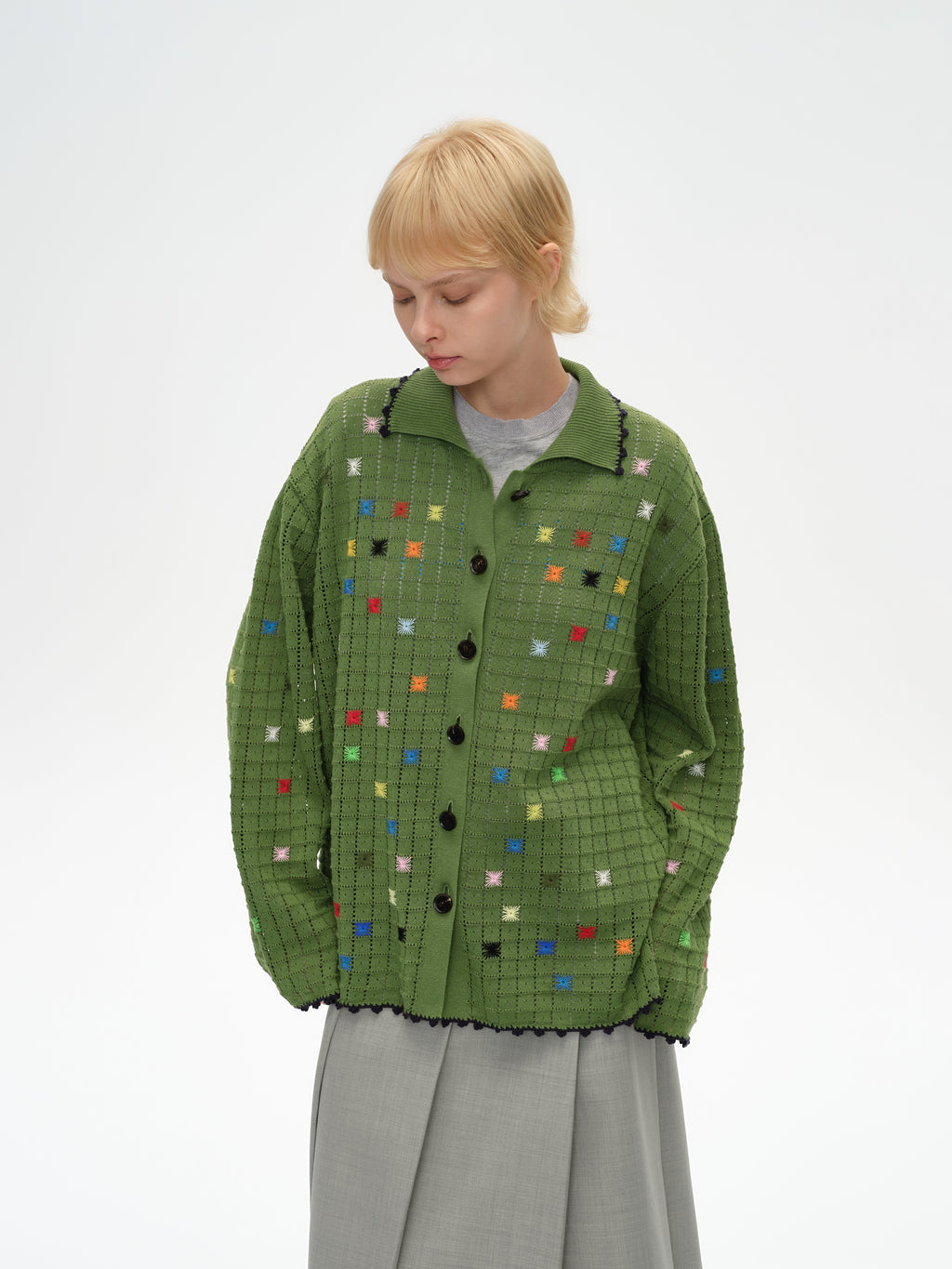 Hollow Out Cross‑Stitch V‑Neck Cardigan