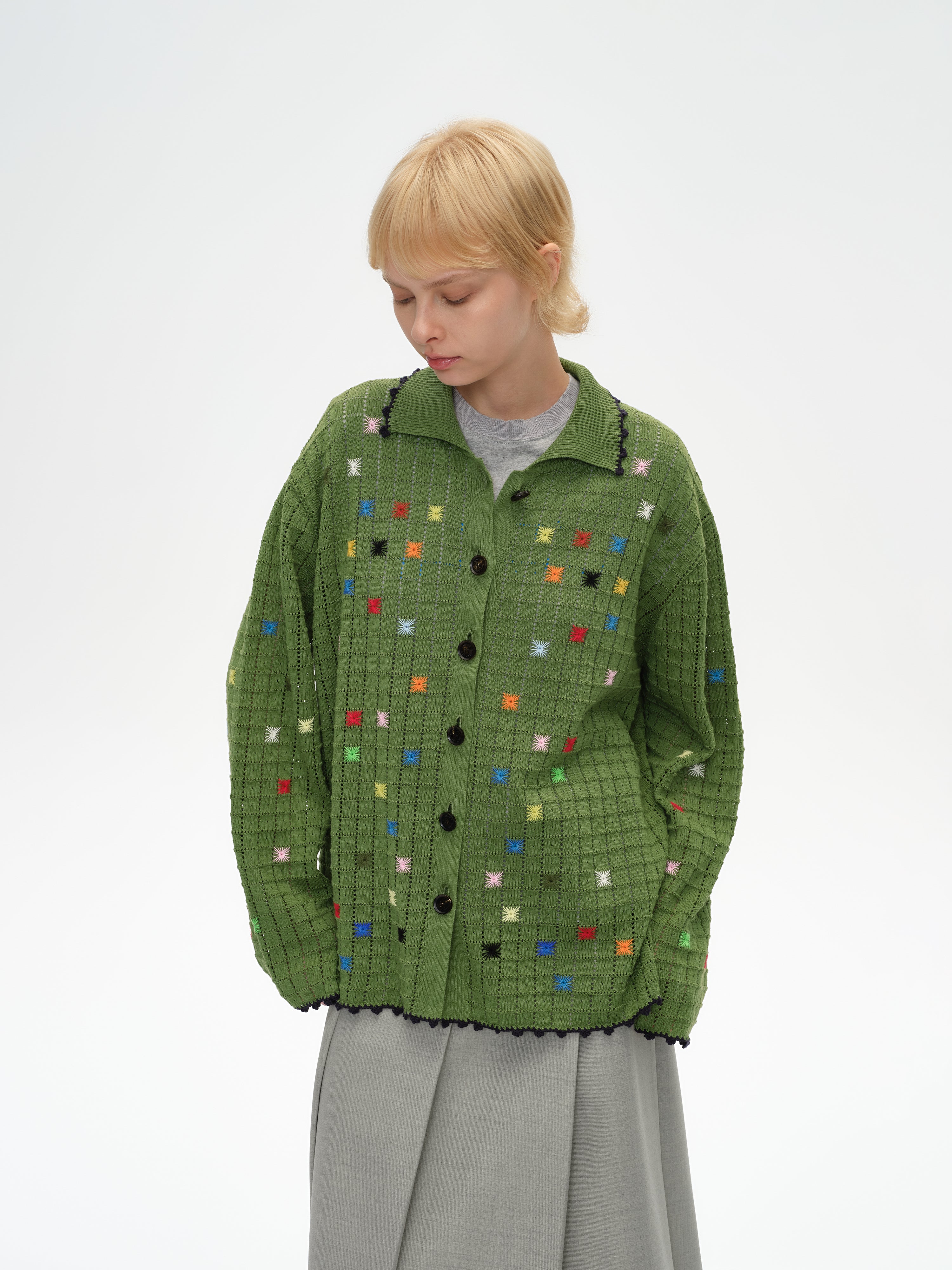 Hollow Out Cross‑Stitch V‑Neck Cardigan