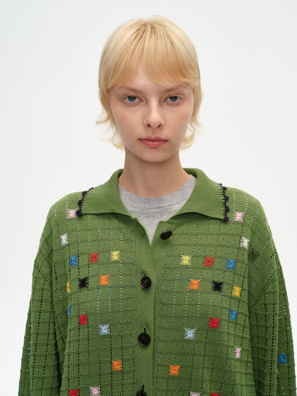 Hollow Out Cross‑Stitch V‑Neck Cardigan