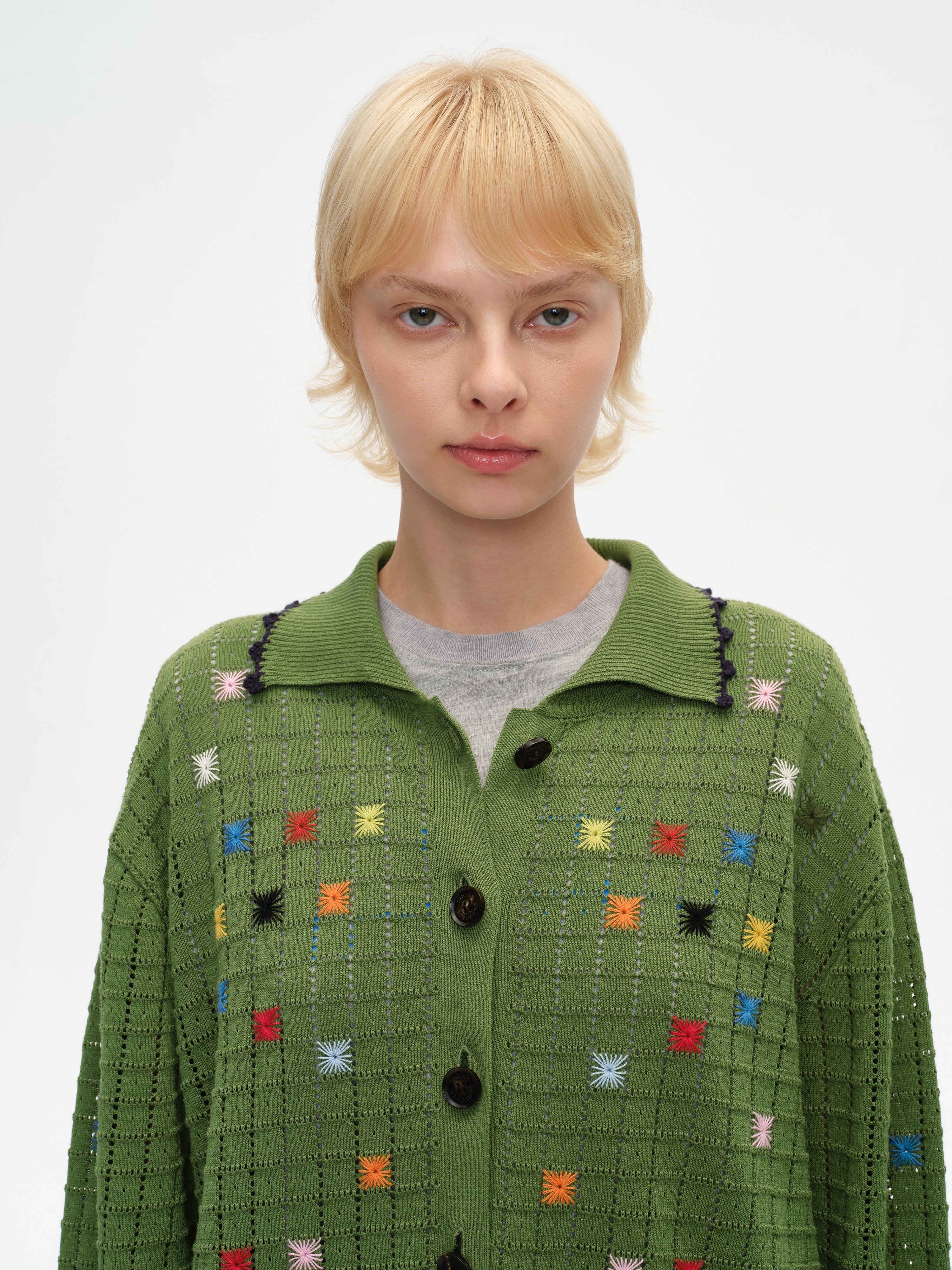Hollow Out Cross‑Stitch V‑Neck Cardigan