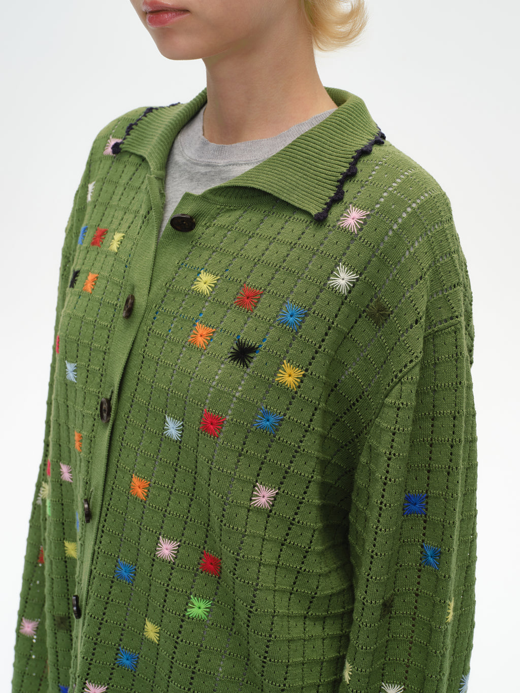 Hollow Out Cross‑Stitch V‑Neck Cardigan