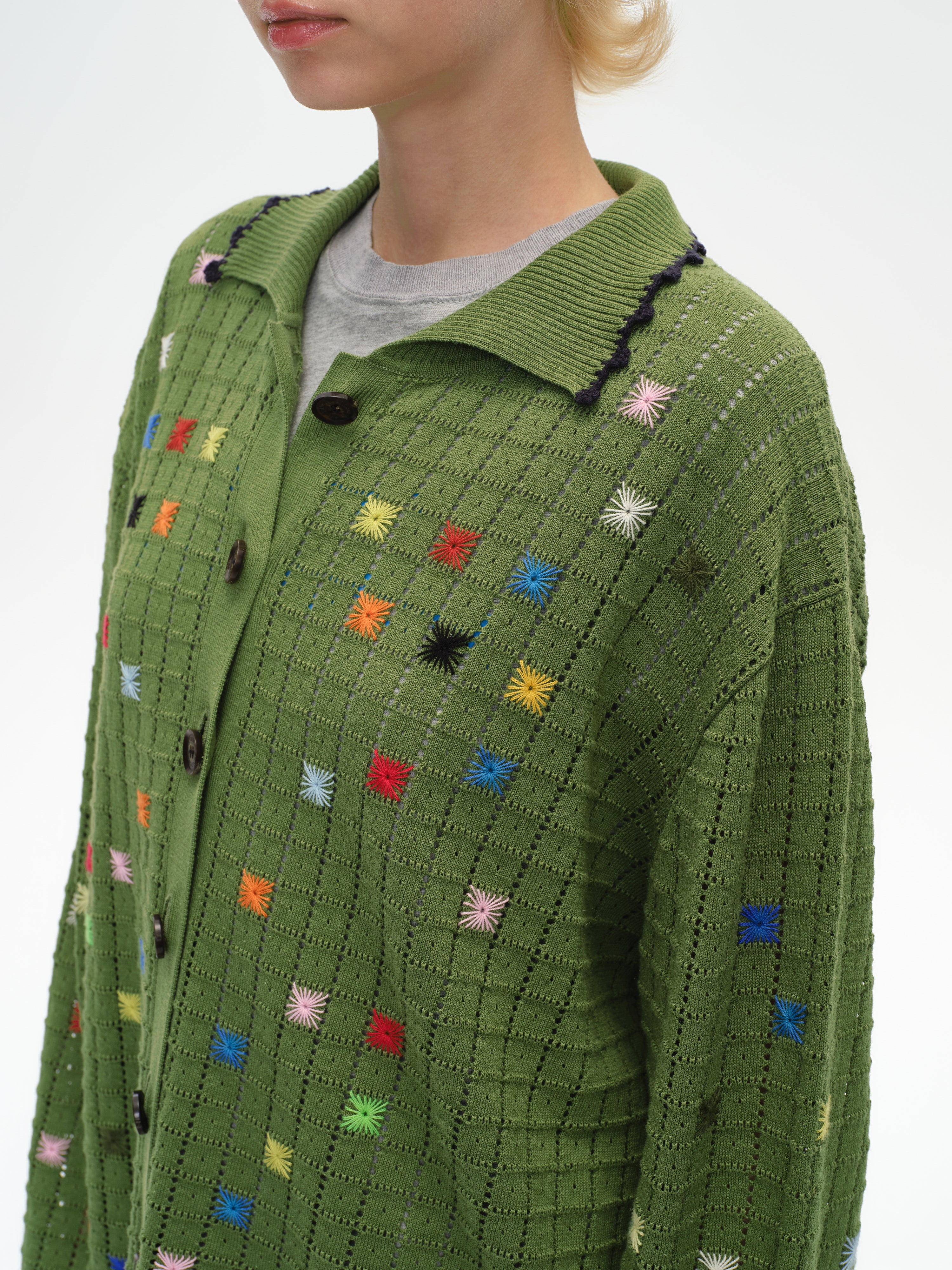 Hollow Out Cross‑Stitch V‑Neck Cardigan