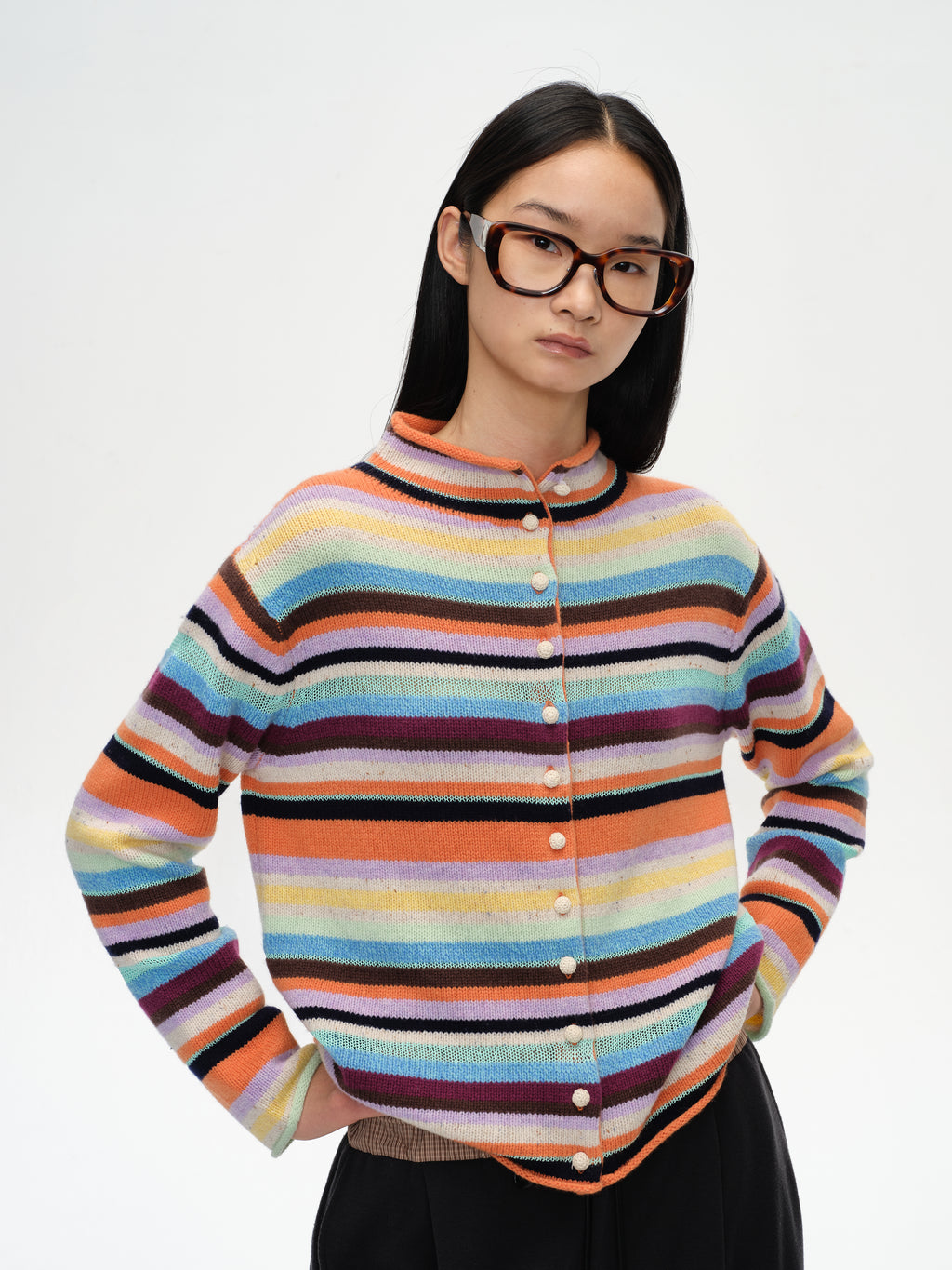Colorful Striped Multi-Button Cardigan